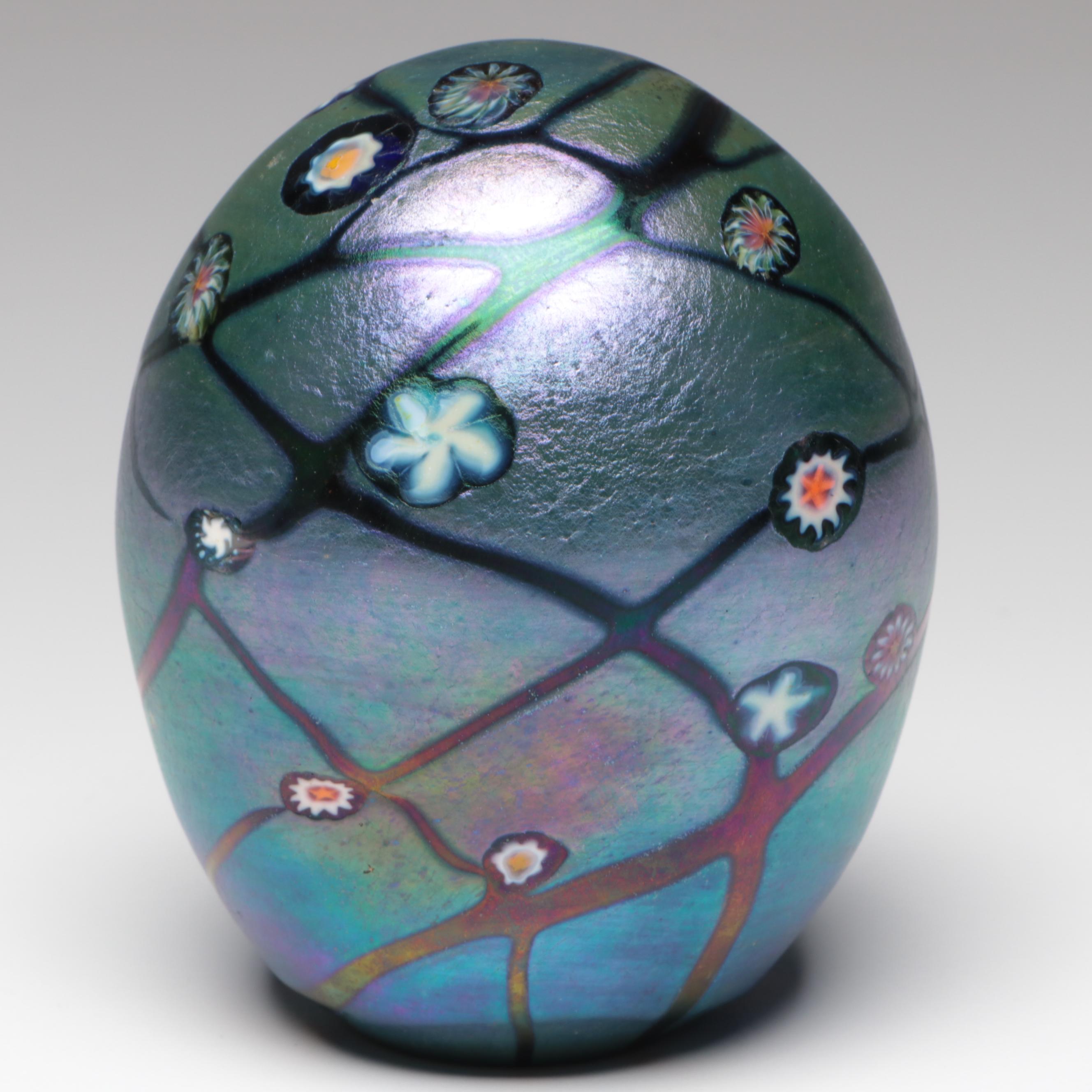Bruce Freund Art Glass Iridescent Vase, Paperweight with Murrine Work, 1996