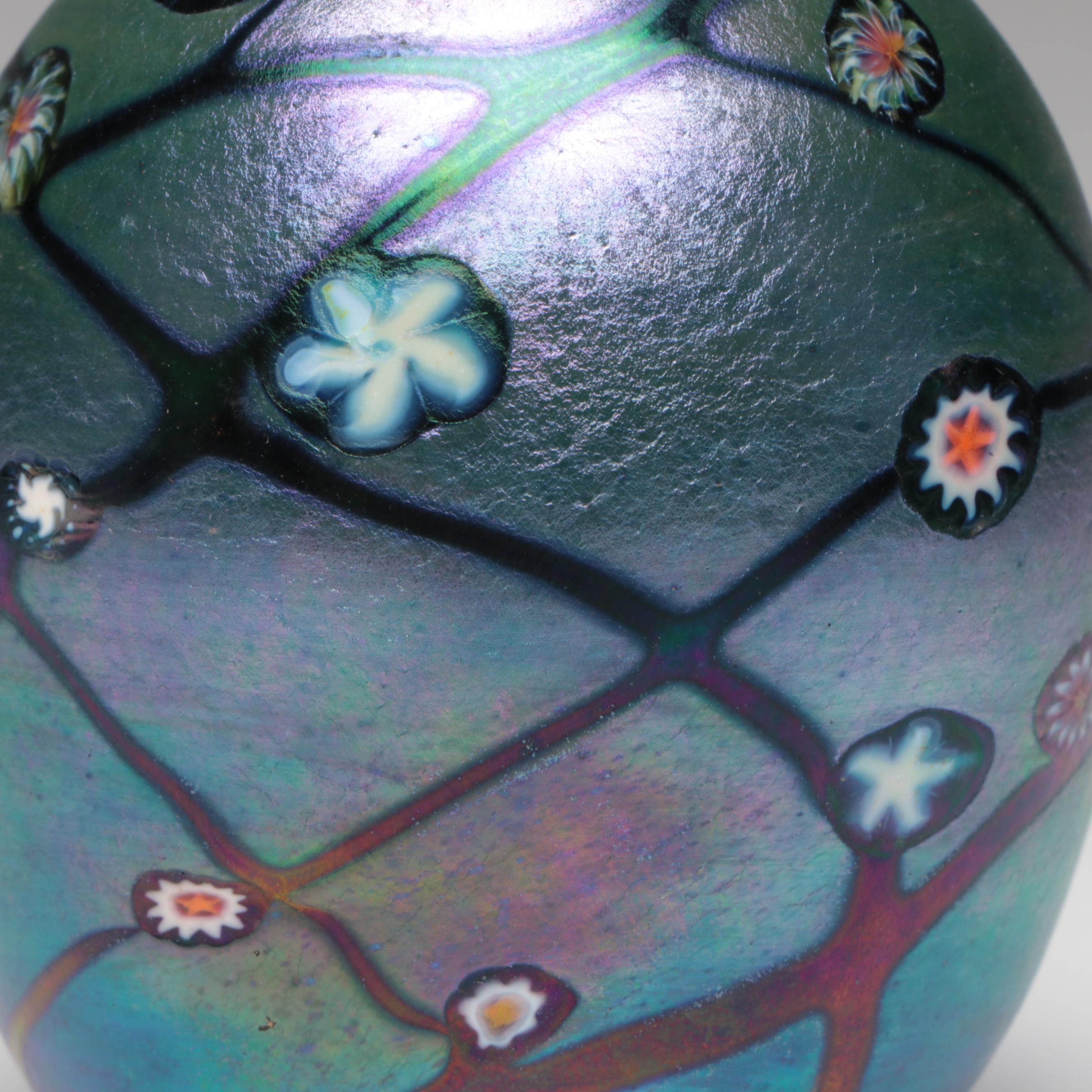 Bruce Freund Art Glass Iridescent Vase, Paperweight with Murrine Work, 1996