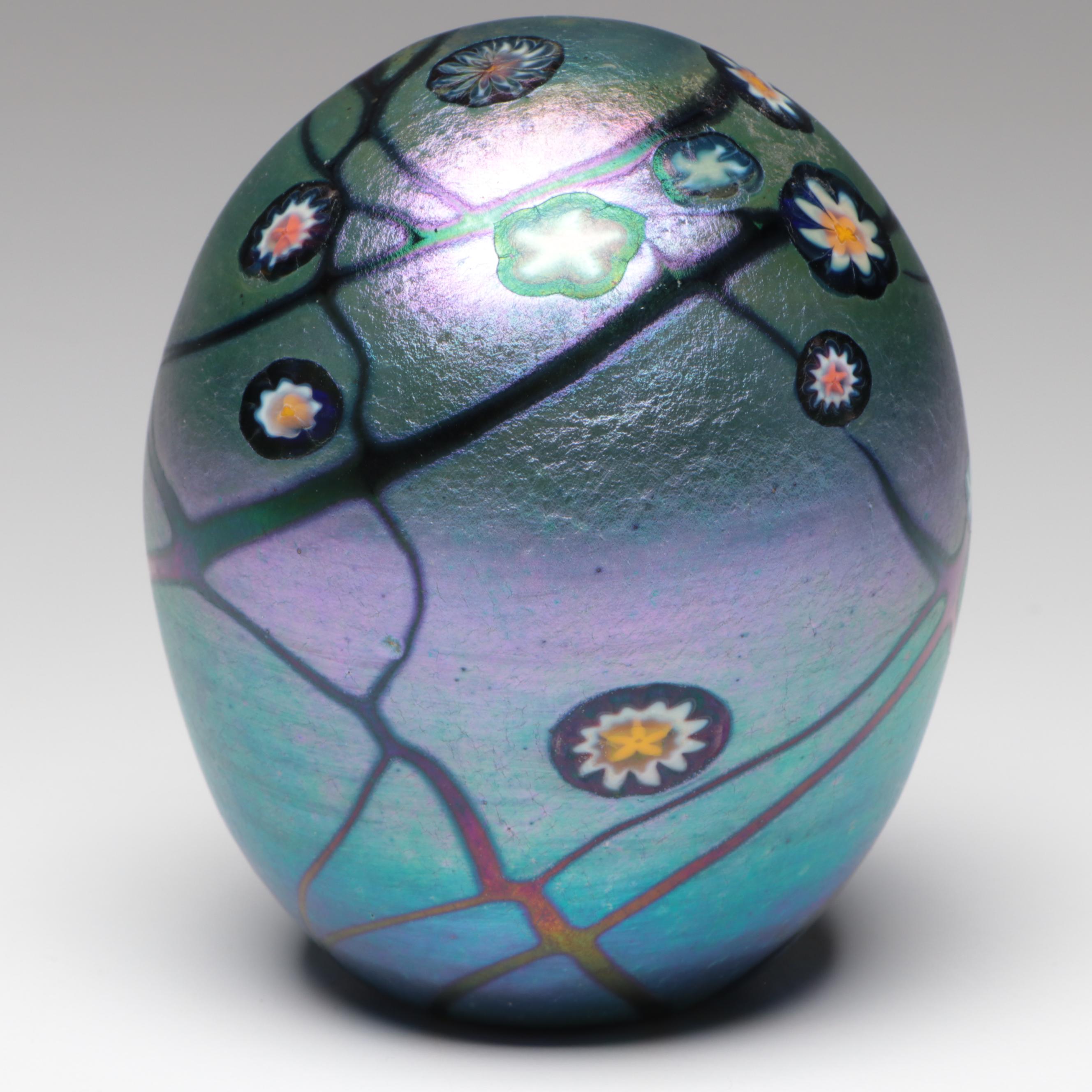 Bruce Freund Art Glass Iridescent Vase, Paperweight with Murrine Work, 1996