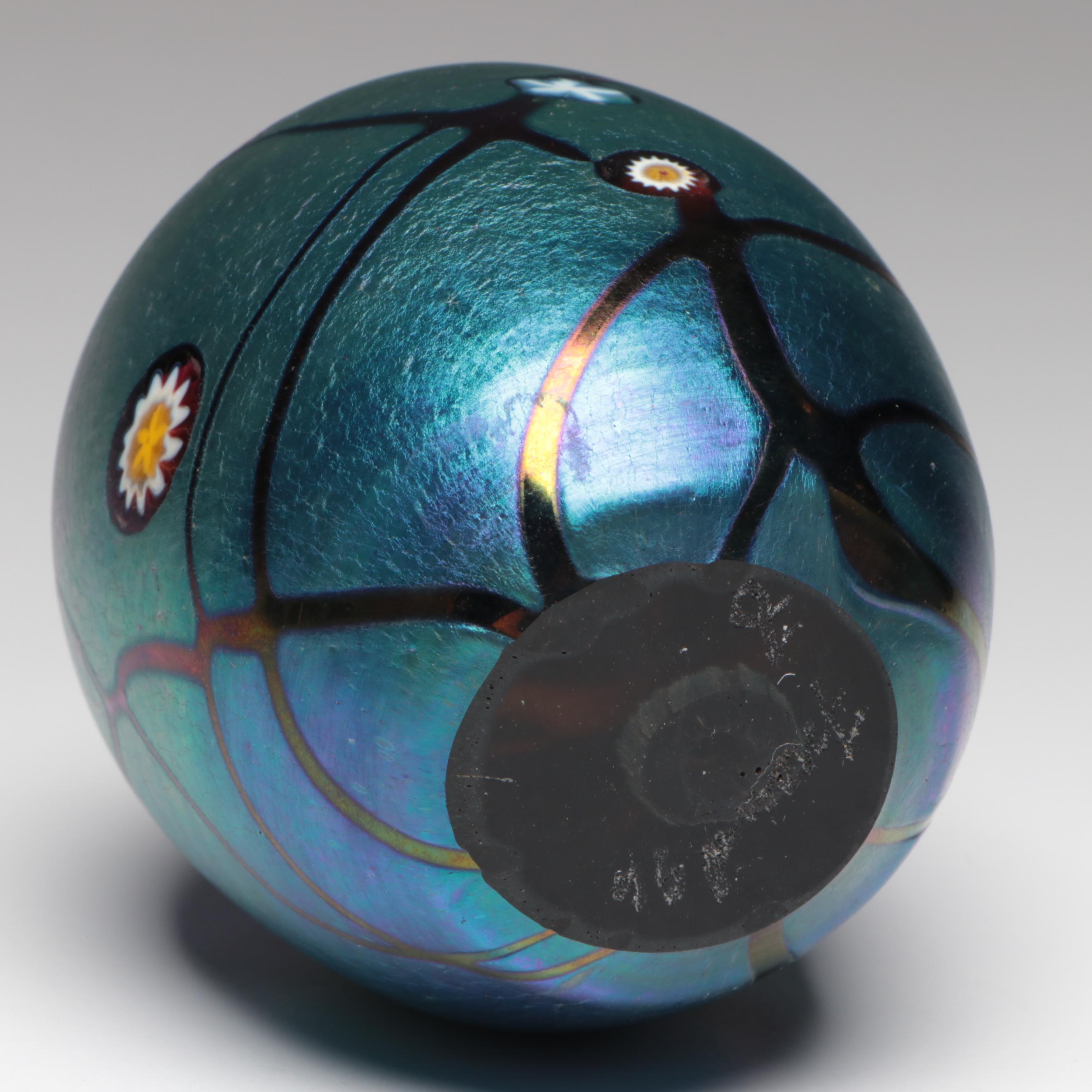 Bruce Freund Art Glass Iridescent Vase, Paperweight with Murrine Work, 1996