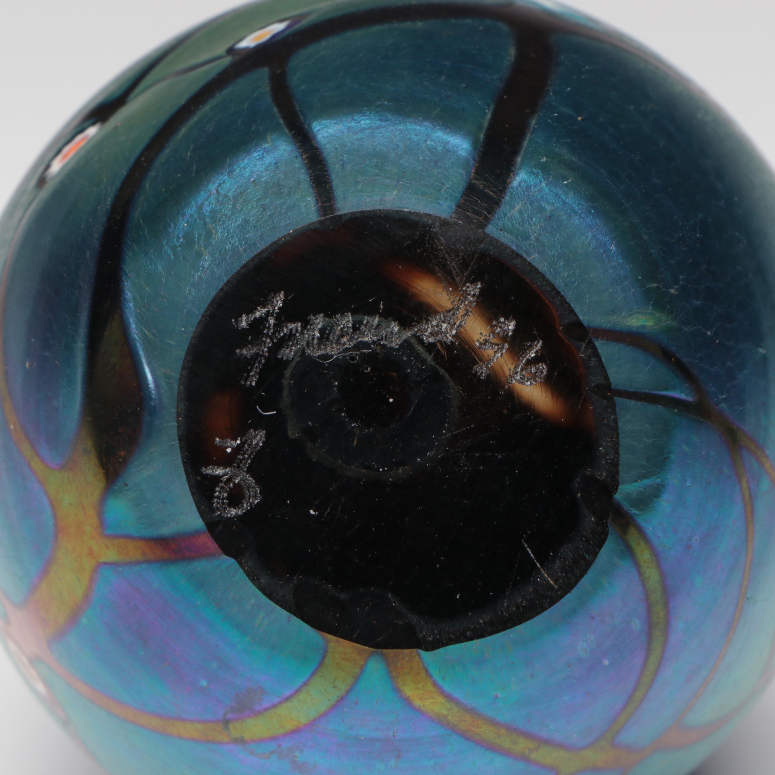 Bruce Freund Art Glass Iridescent Vase, Paperweight with Murrine Work, 1996