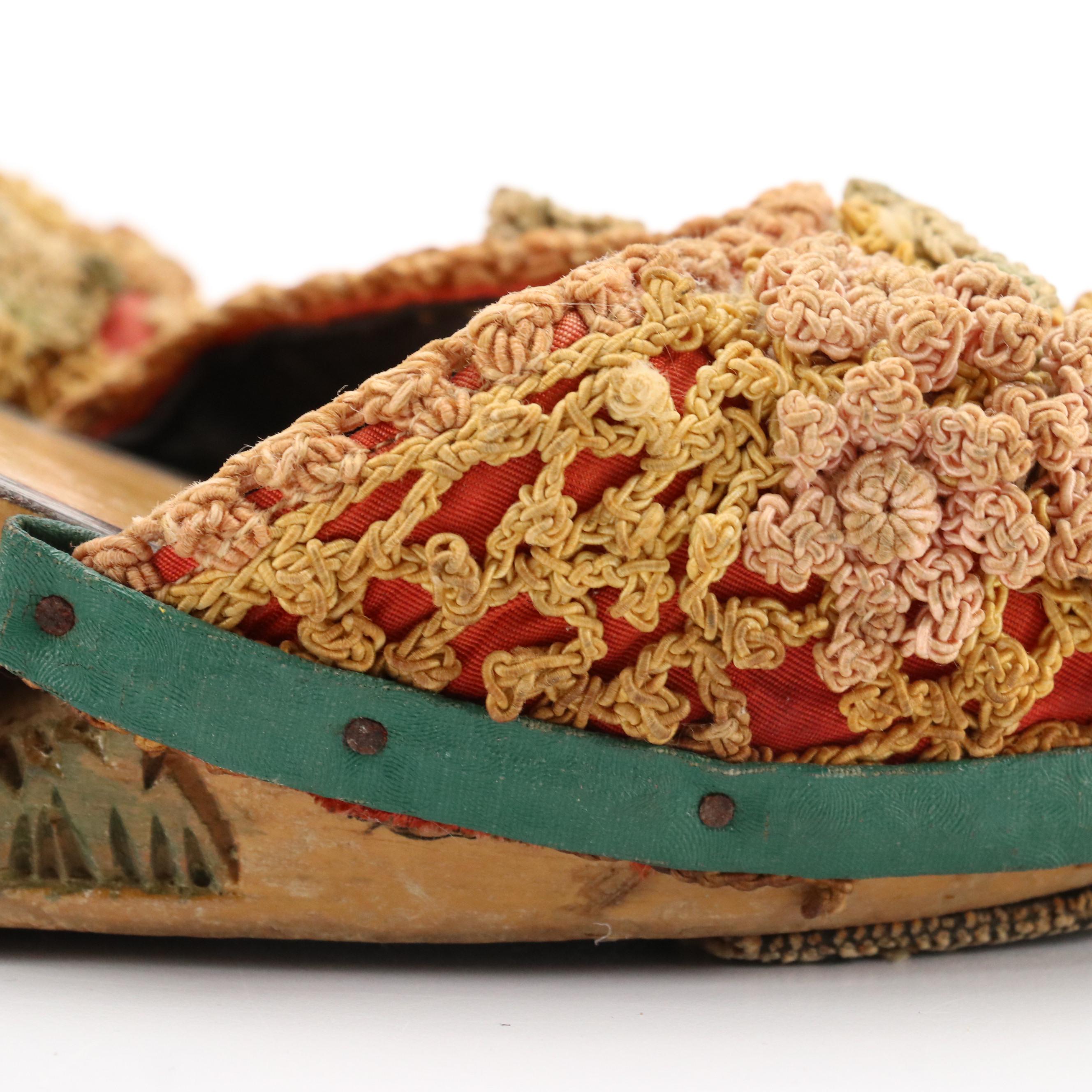 Hand-Carved and Painted Wooden Wedge Sandals, 1940s