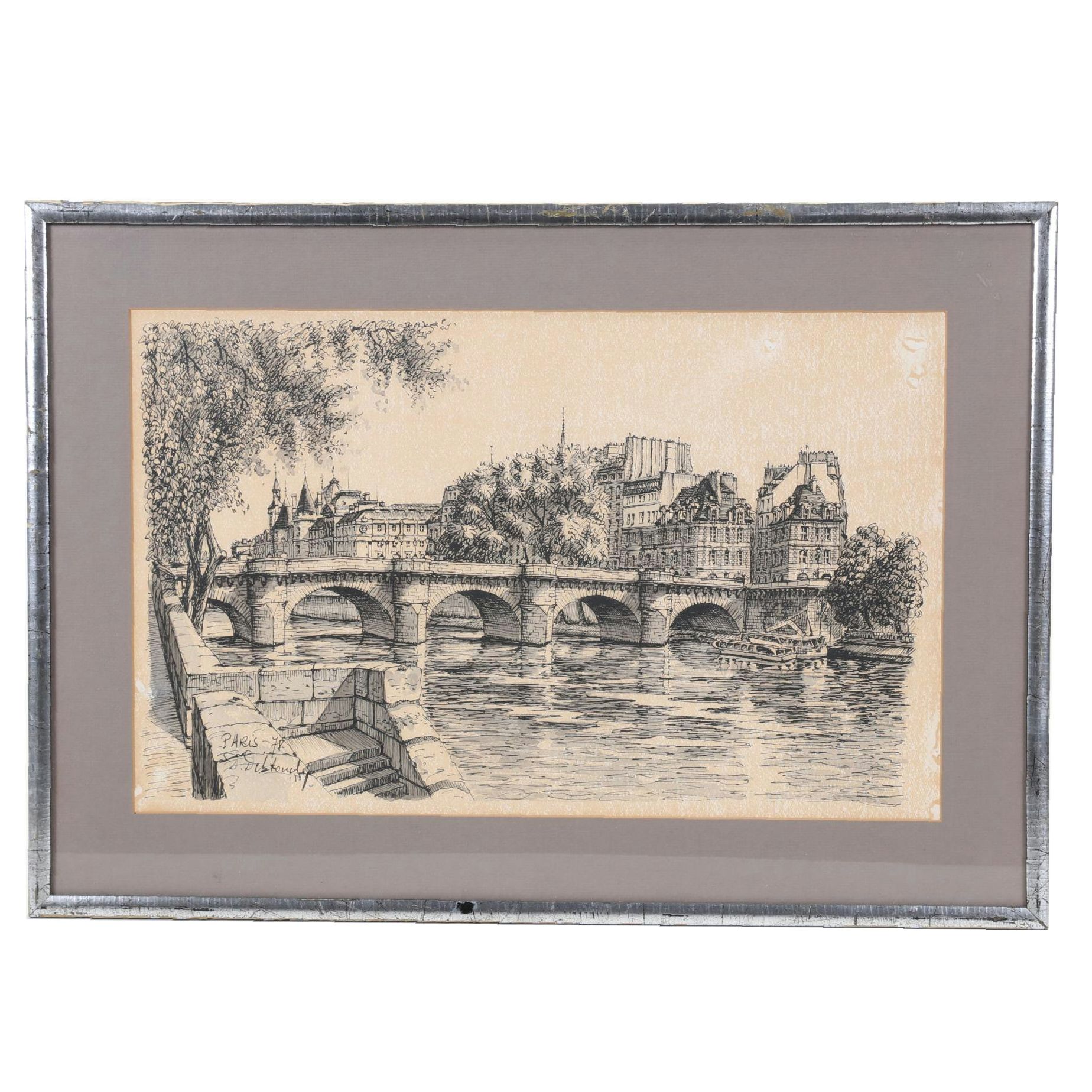 Waterfront Landscape Ink and Watercolor Drawing "Paris," 1978