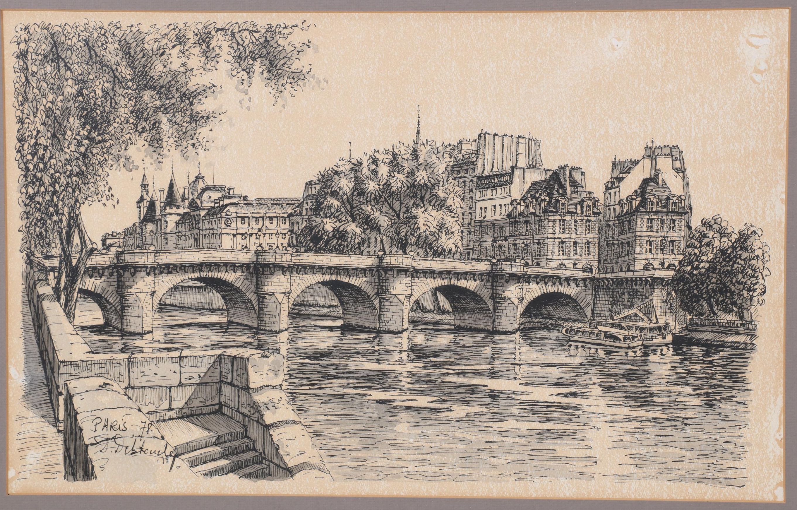 Waterfront Landscape Ink and Watercolor Drawing "Paris," 1978