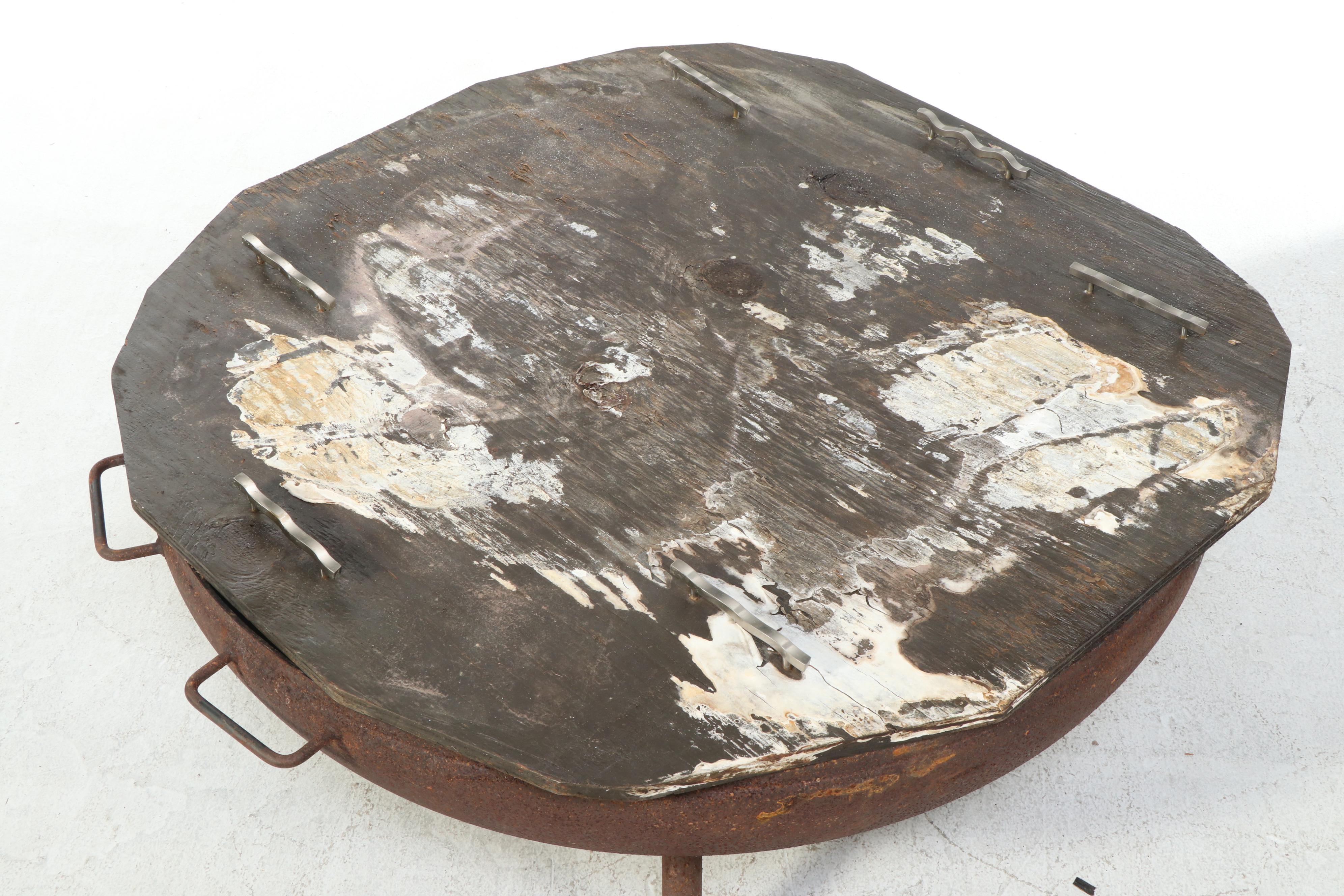 Large Metal Fire Pit with Wood Cover