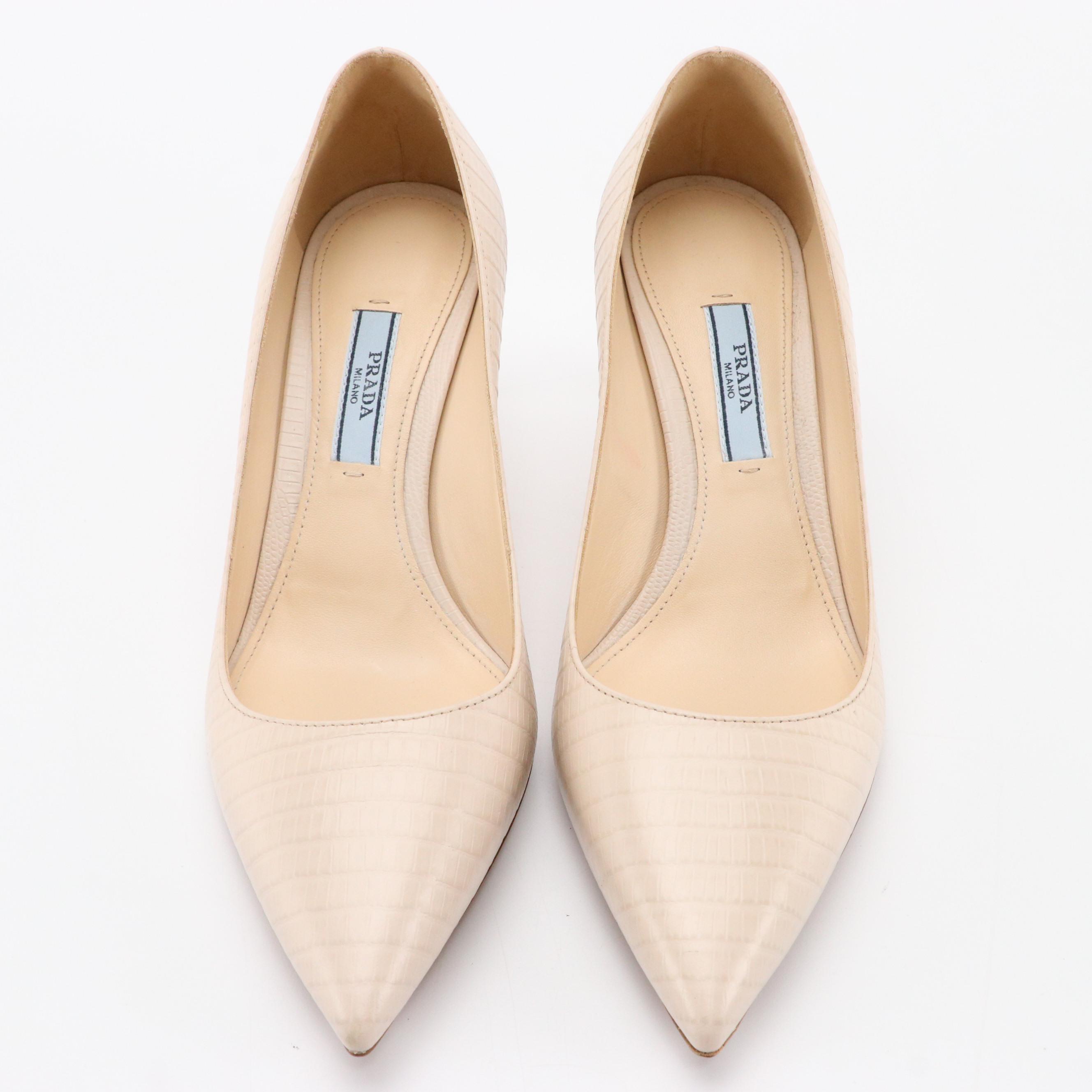 Prada Pointy Toe Heels in Beige Embossed Leather