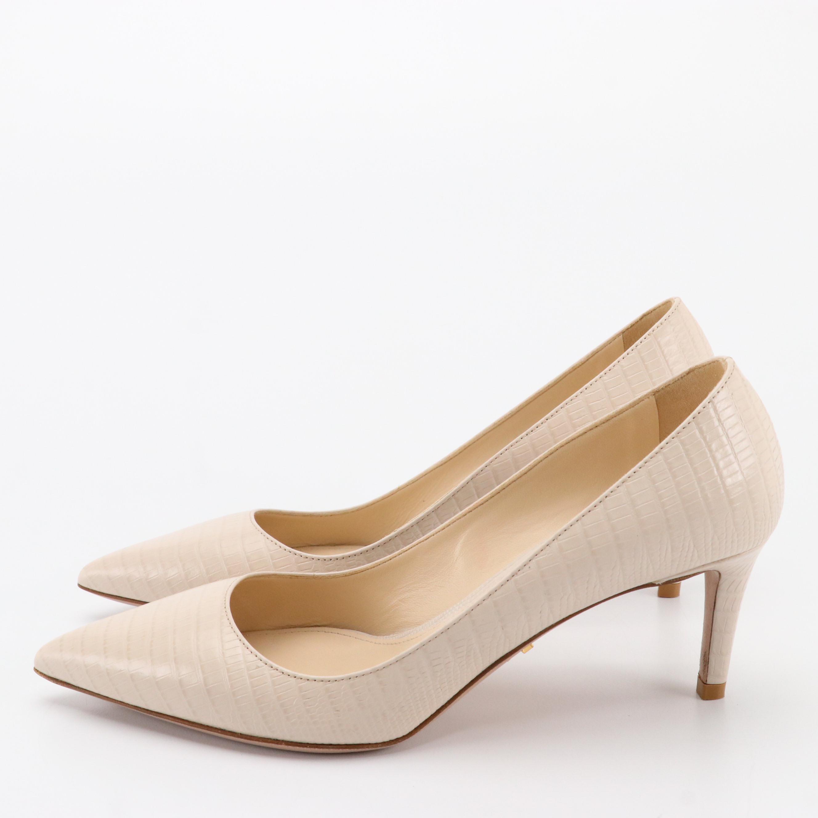 Prada Pointy Toe Heels in Beige Embossed Leather
