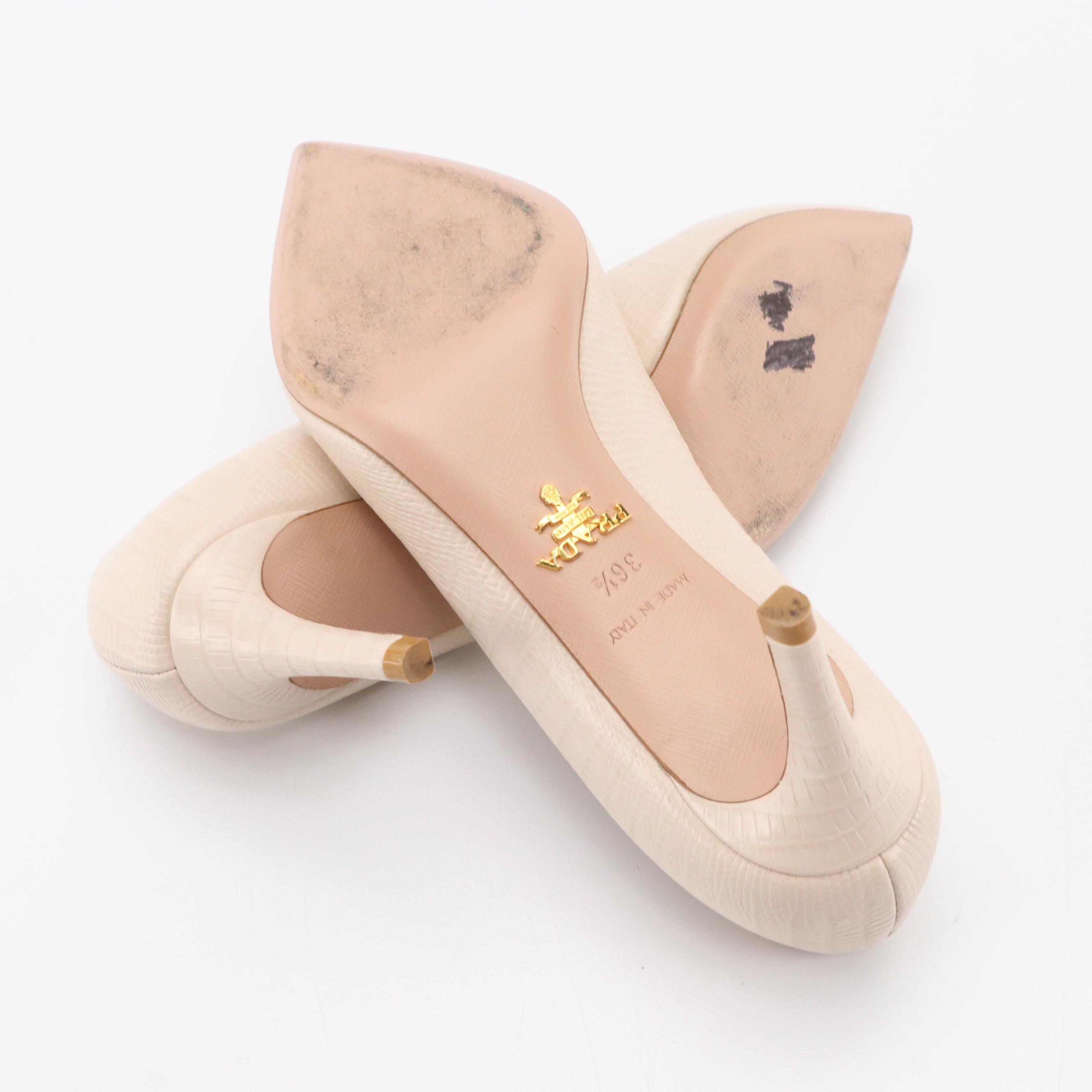 Prada Pointy Toe Heels in Beige Embossed Leather