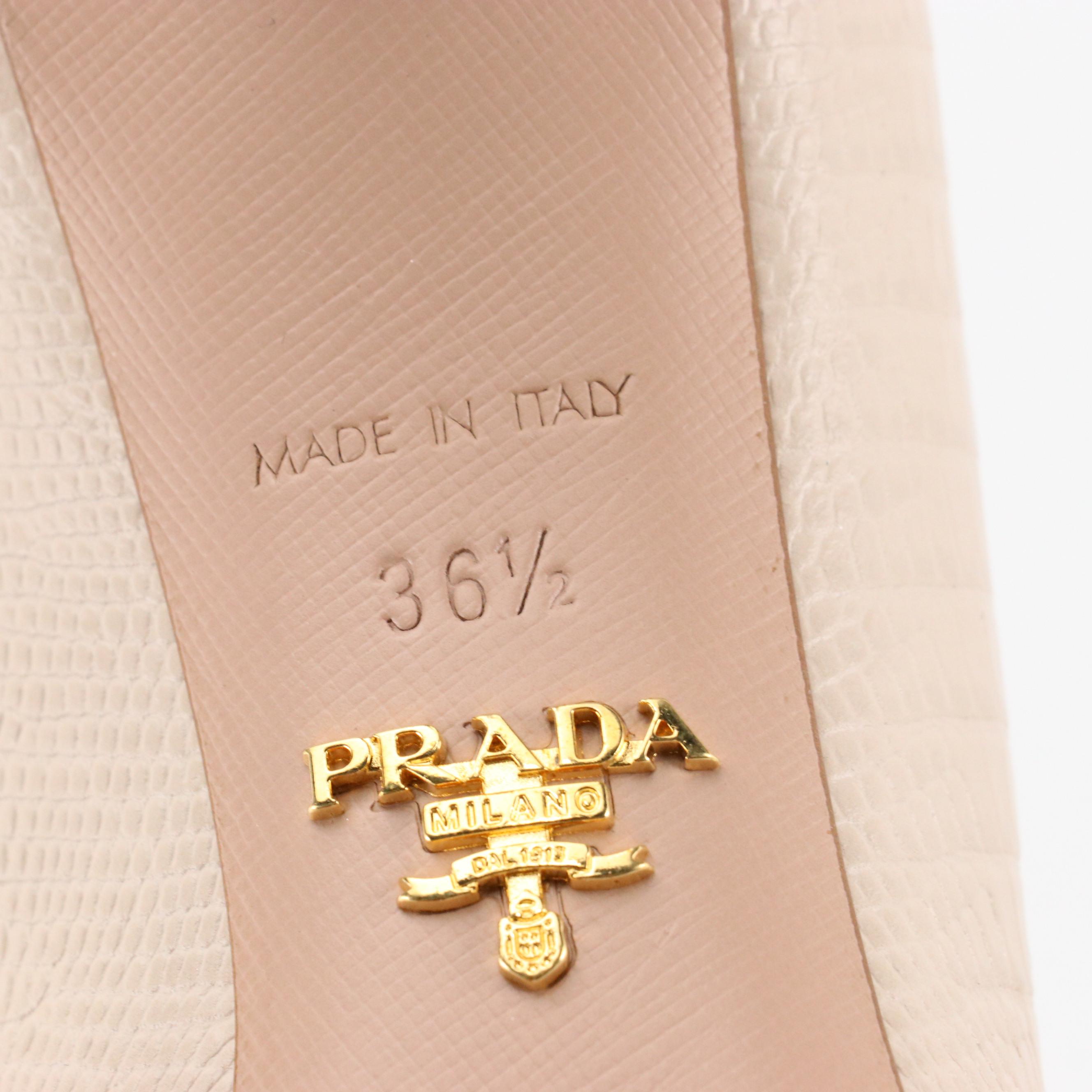 Prada Pointy Toe Heels in Beige Embossed Leather