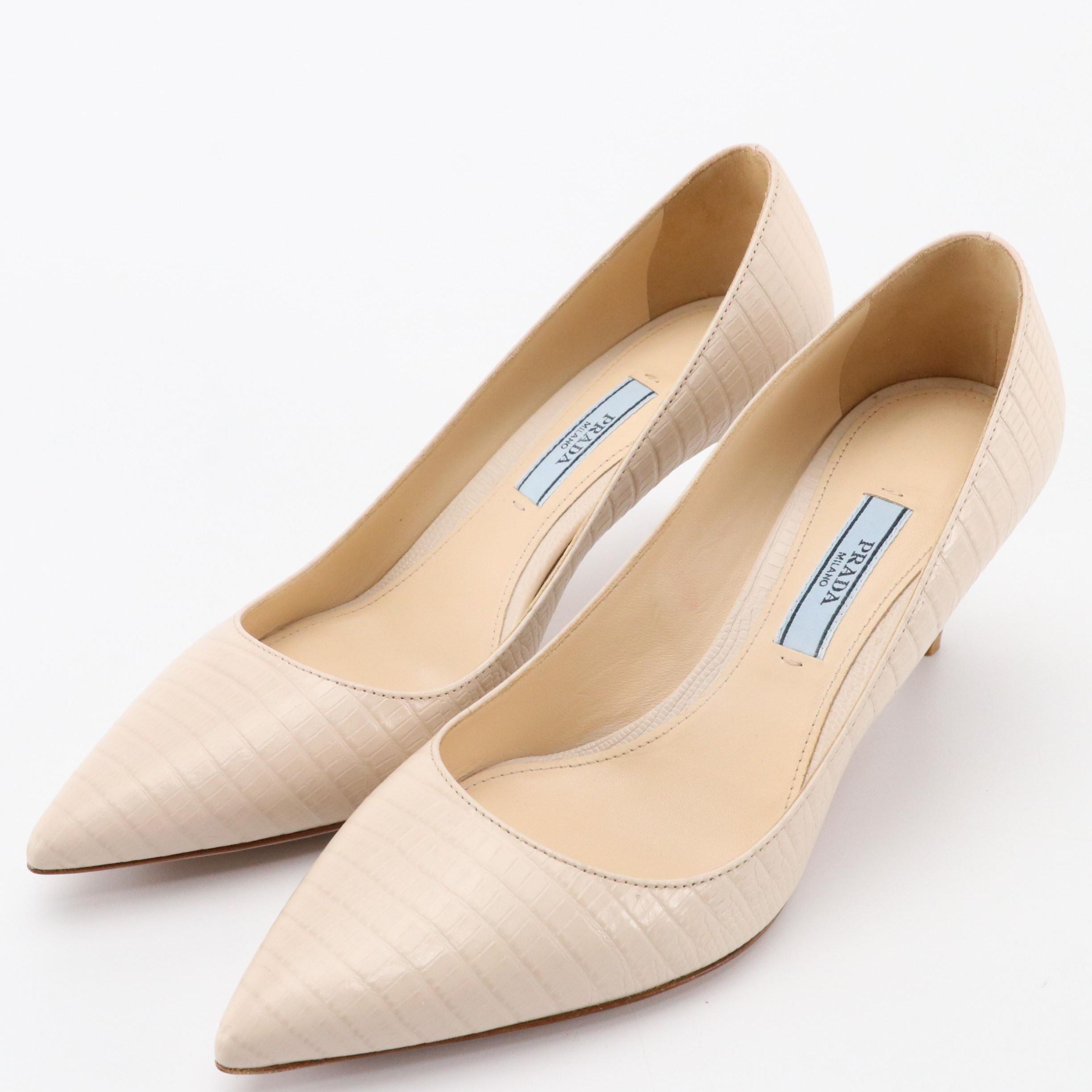 Prada Pointy Toe Heels in Beige Embossed Leather