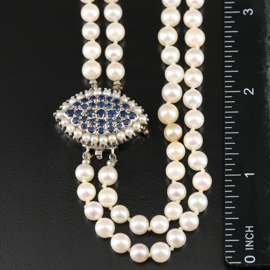 Vintage Pearl Necklace with 14K Sapphire and Seed Pearl Navette Clasp ...