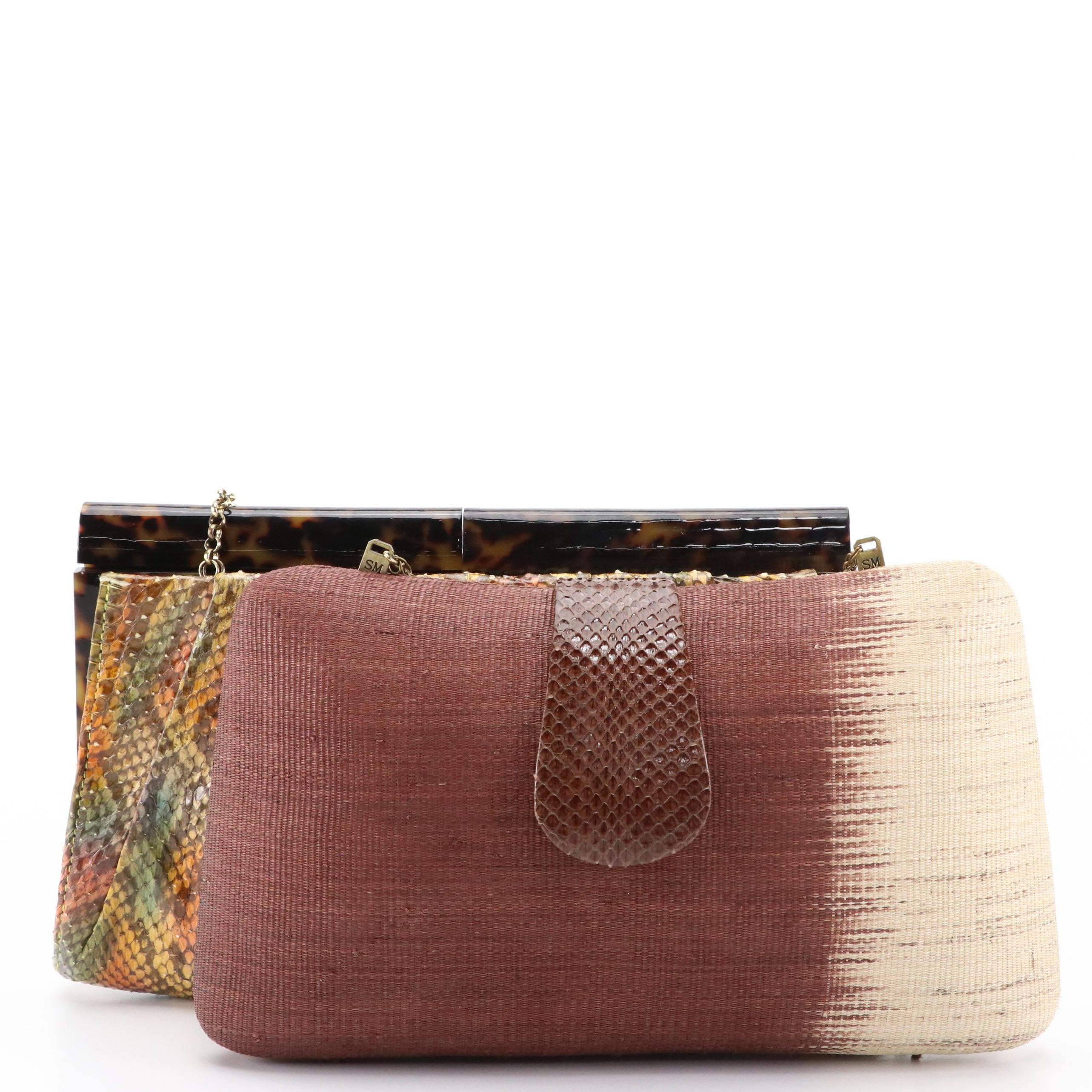 Serpui Marie Woven and Snakeskin Clutch Purse and Kotur Snakeskin Clutch Purse