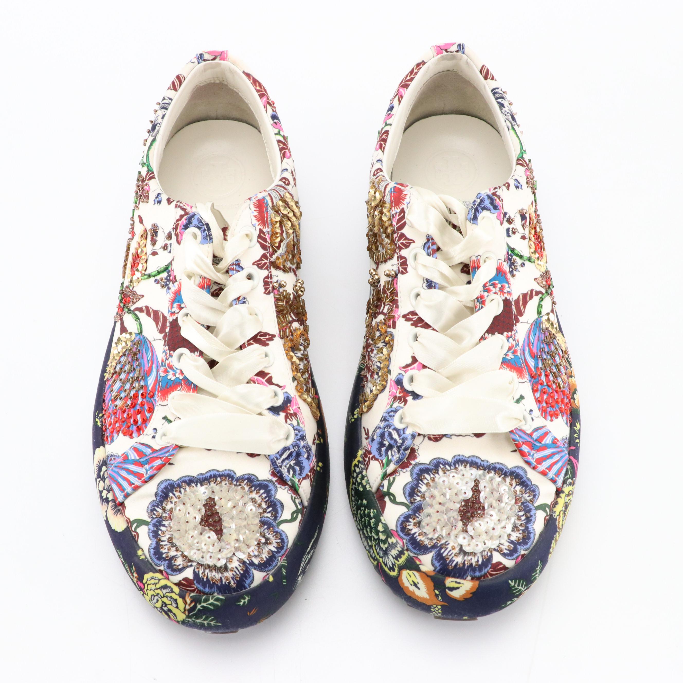 Tory Burch Kacey Happy Times Embellished Floral Satin Low-Top Sneakers
