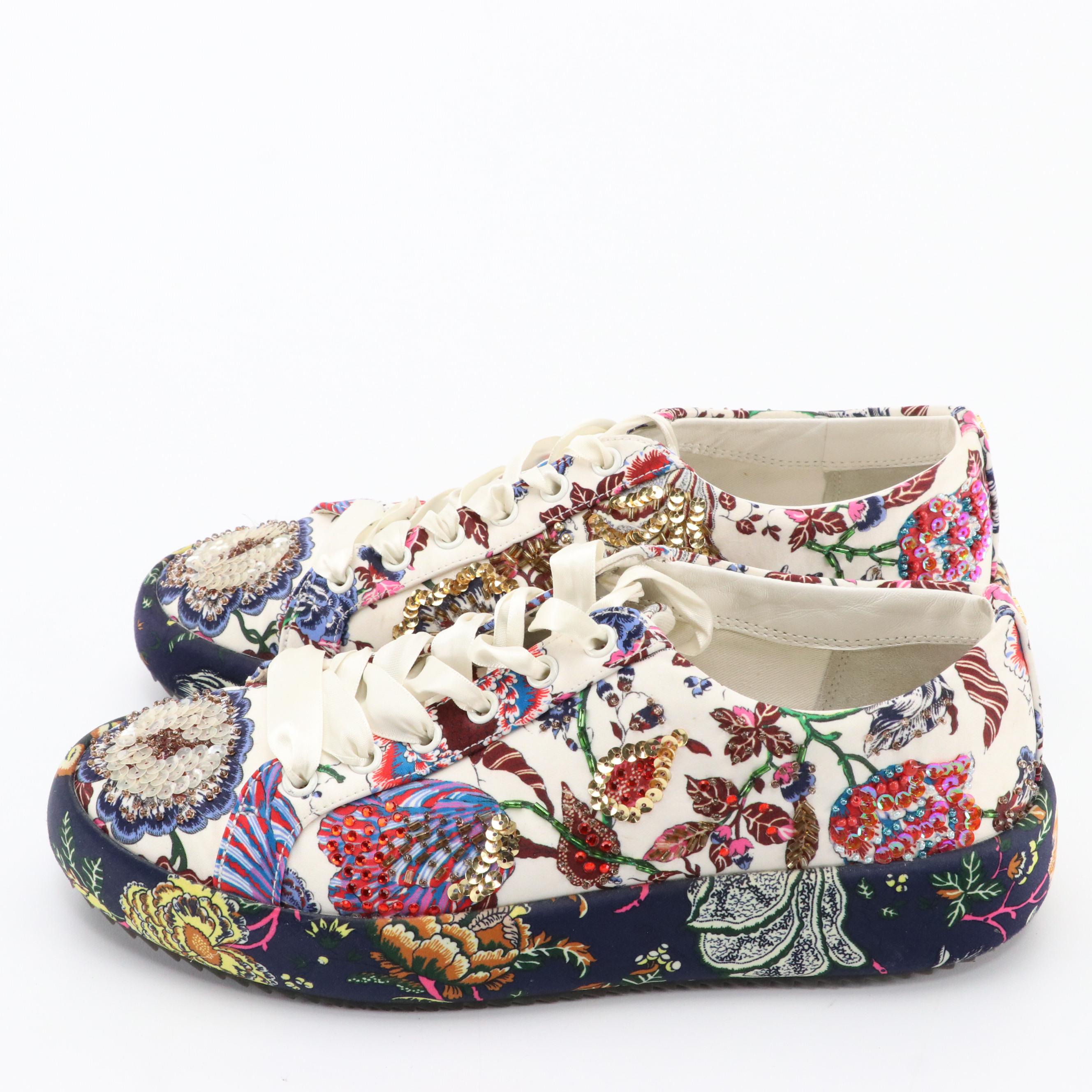 Tory Burch Kacey Happy Times Embellished Floral Satin Low-Top Sneakers