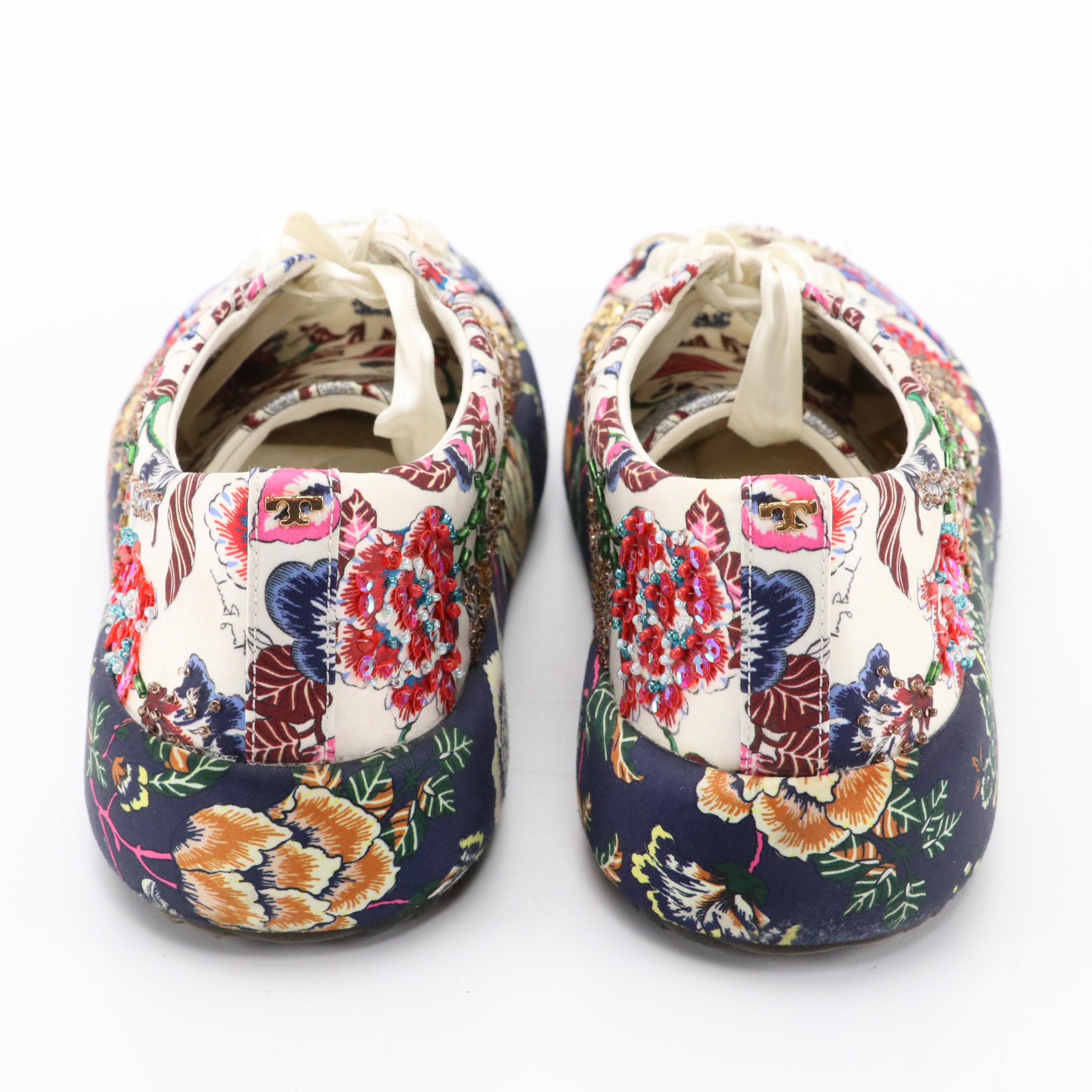 Tory Burch Kacey Happy Times Embellished Floral Satin Low-Top Sneakers