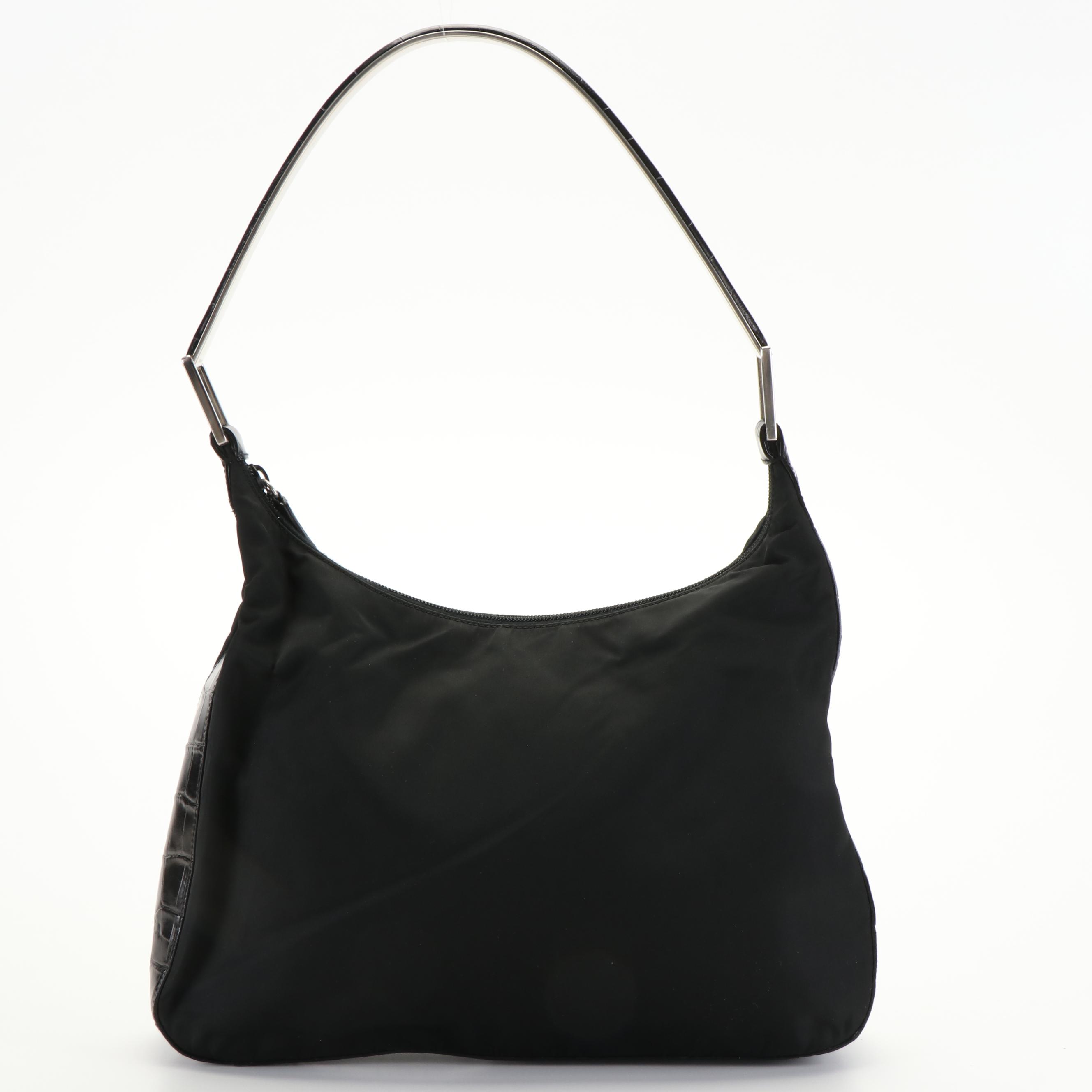 Prada Metallo Black Nylon and Embossed Leather Metal Top Handle Bag