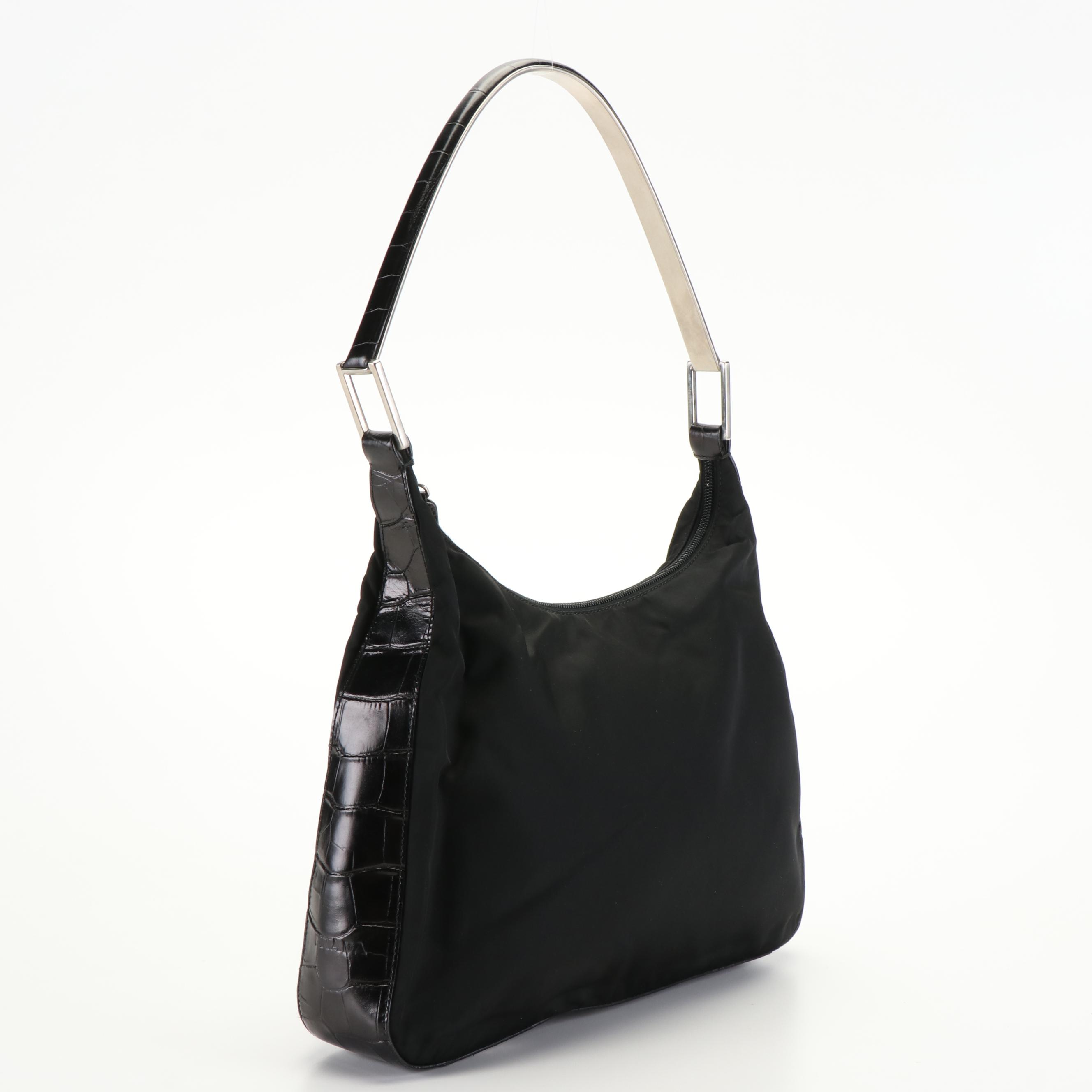 Prada Metallo Black Nylon and Embossed Leather Metal Top Handle Bag
