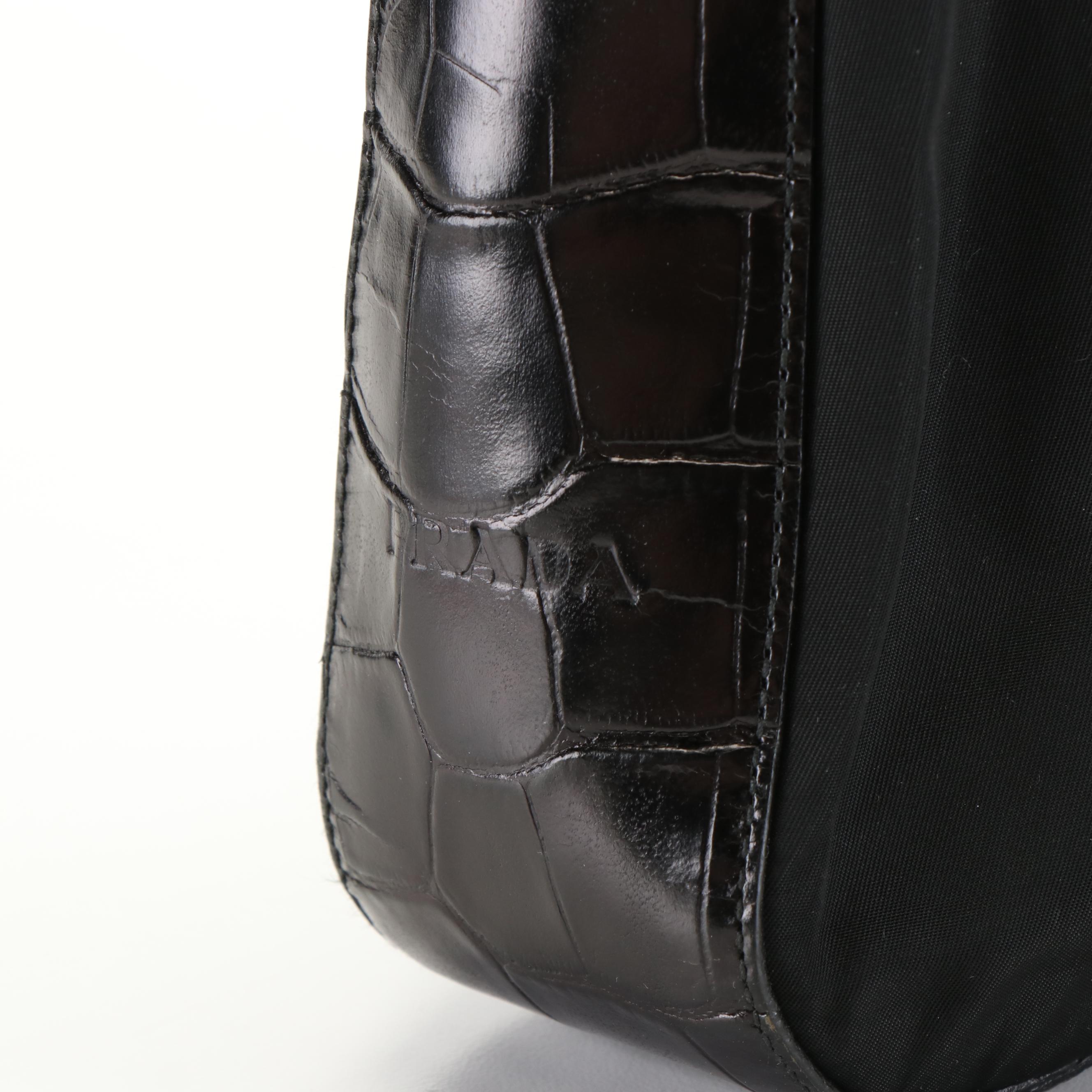 Prada Metallo Black Nylon and Embossed Leather Metal Top Handle Bag