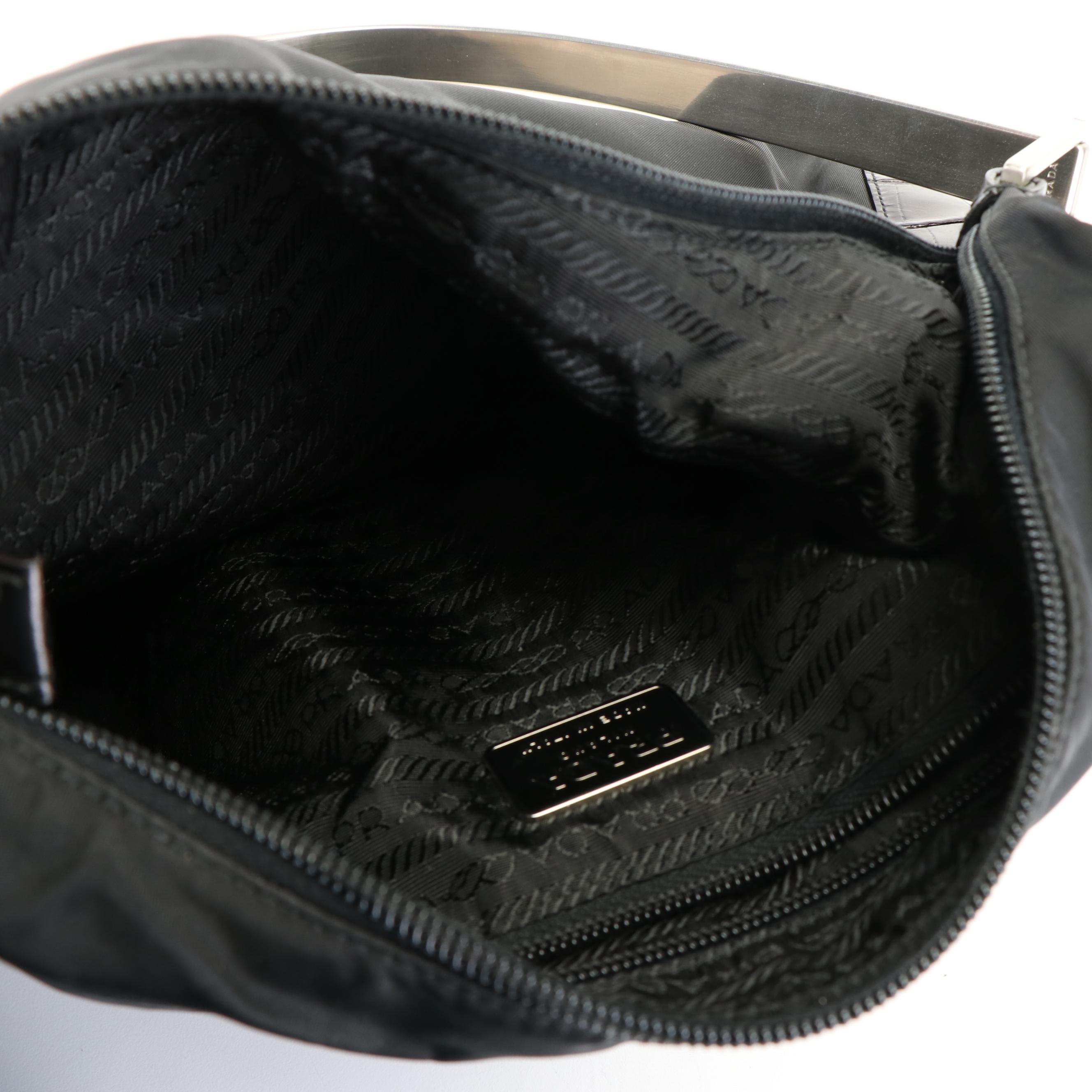 Prada Metallo Black Nylon and Embossed Leather Metal Top Handle Bag