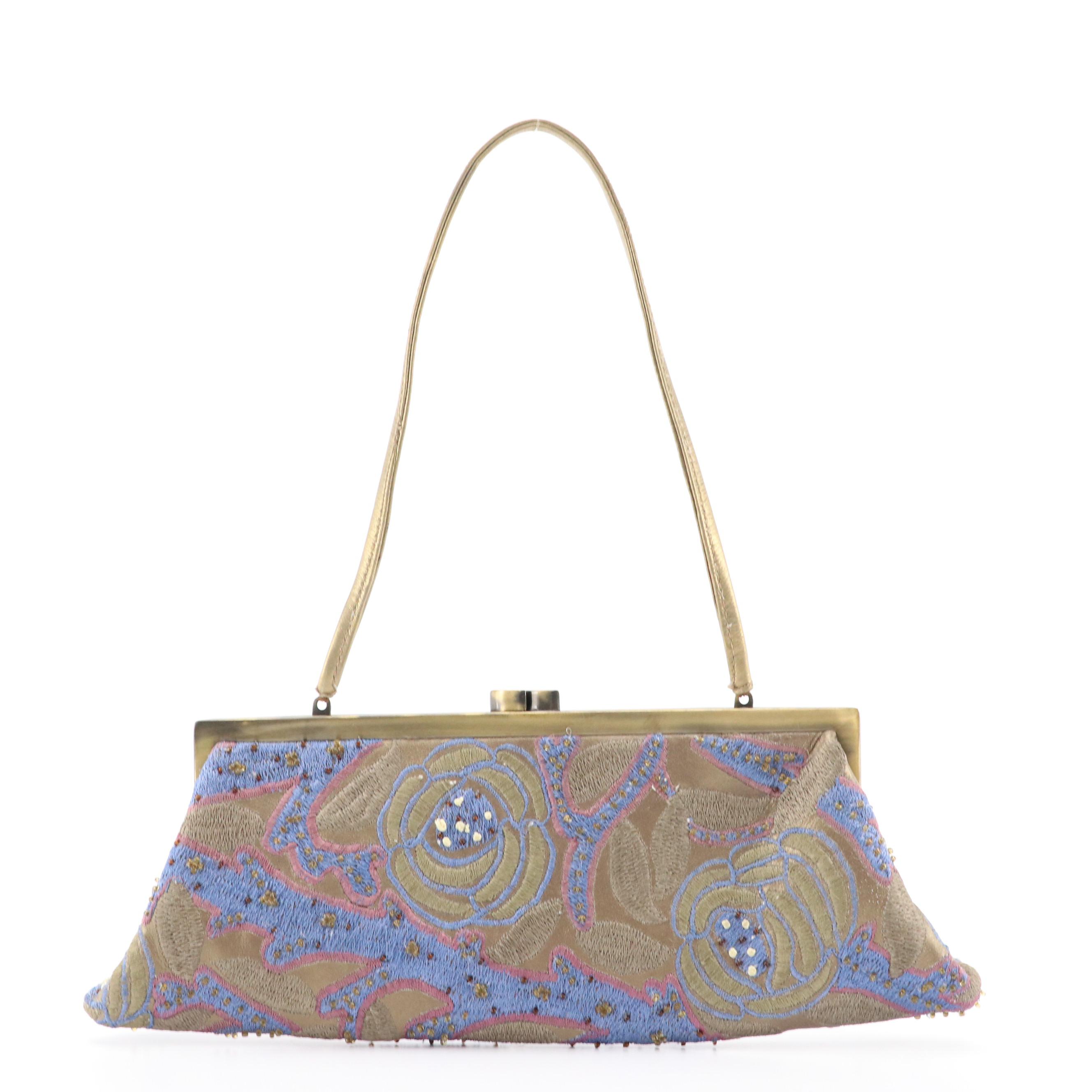 Ganni Olive Leather Crossbody Pouch with Santi Beaded/Embroidered Frame Handbag