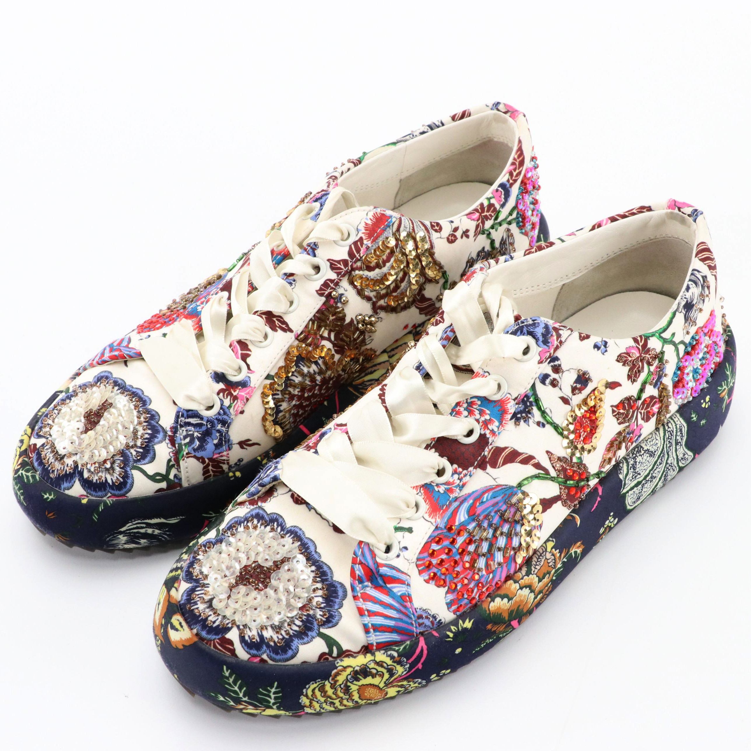 Tory Burch Kacey Happy Times Embellished Floral Satin Low-Top Sneakers
