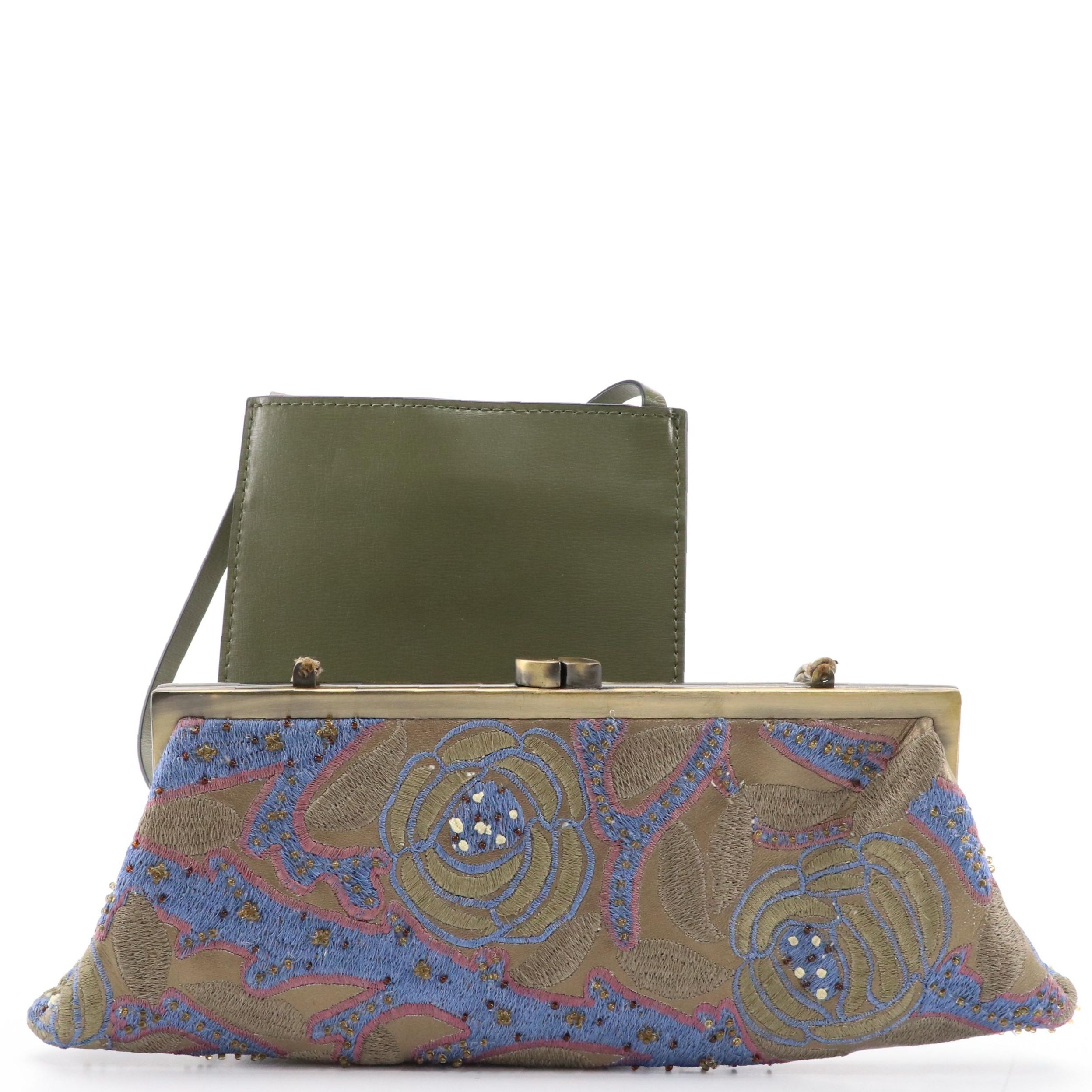 Ganni Olive Leather Crossbody Pouch with Santi Beaded/Embroidered Frame Handbag