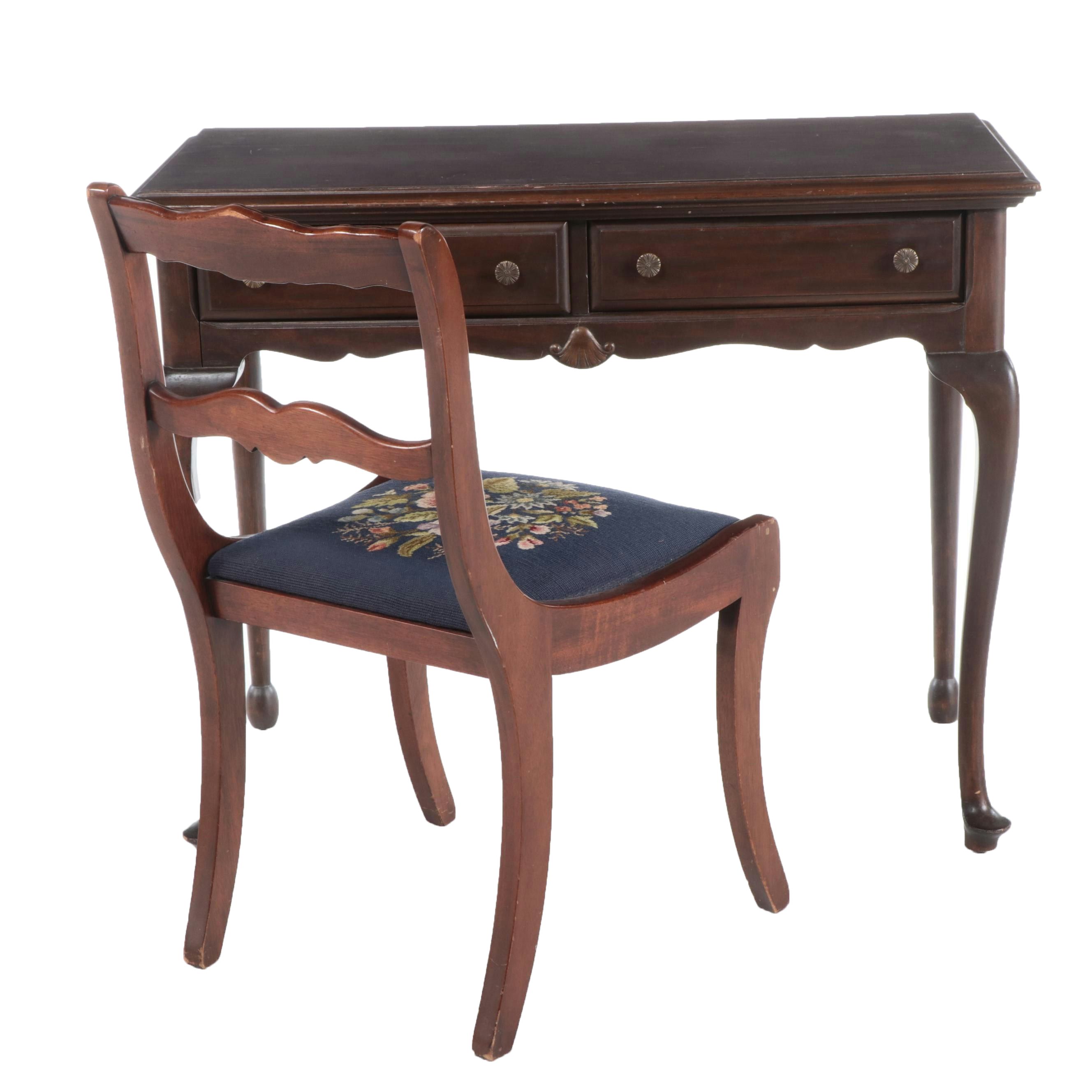 Queen Anne Style Two-Drawer Desk with Needlepoint Upholstered Chair, 20th C.