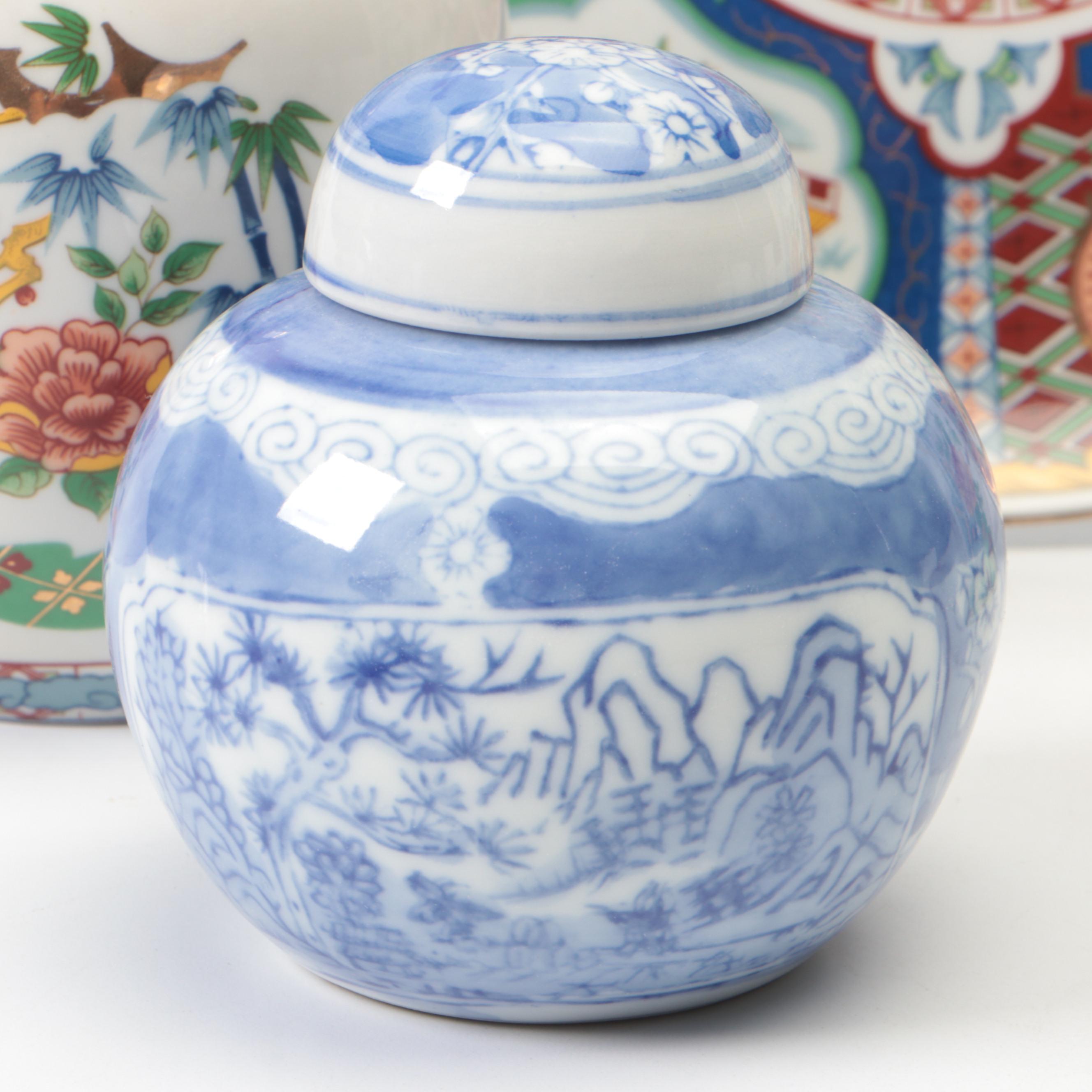 Japanese Ucagco Porcelain Ginger Jar, Vase, and Plate with More Asian Porcelain