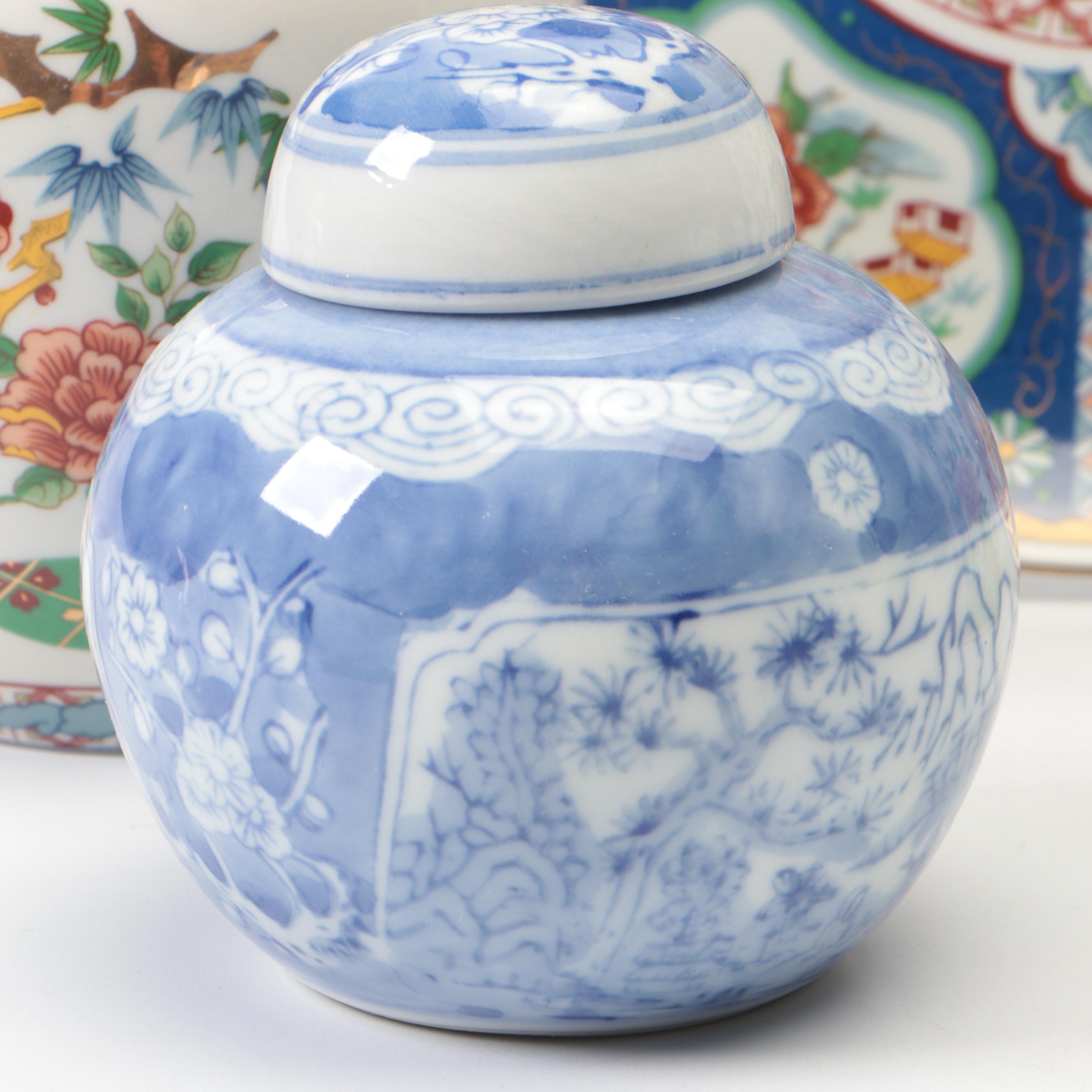Japanese Ucagco Porcelain Ginger Jar, Vase, and Plate with More Asian Porcelain