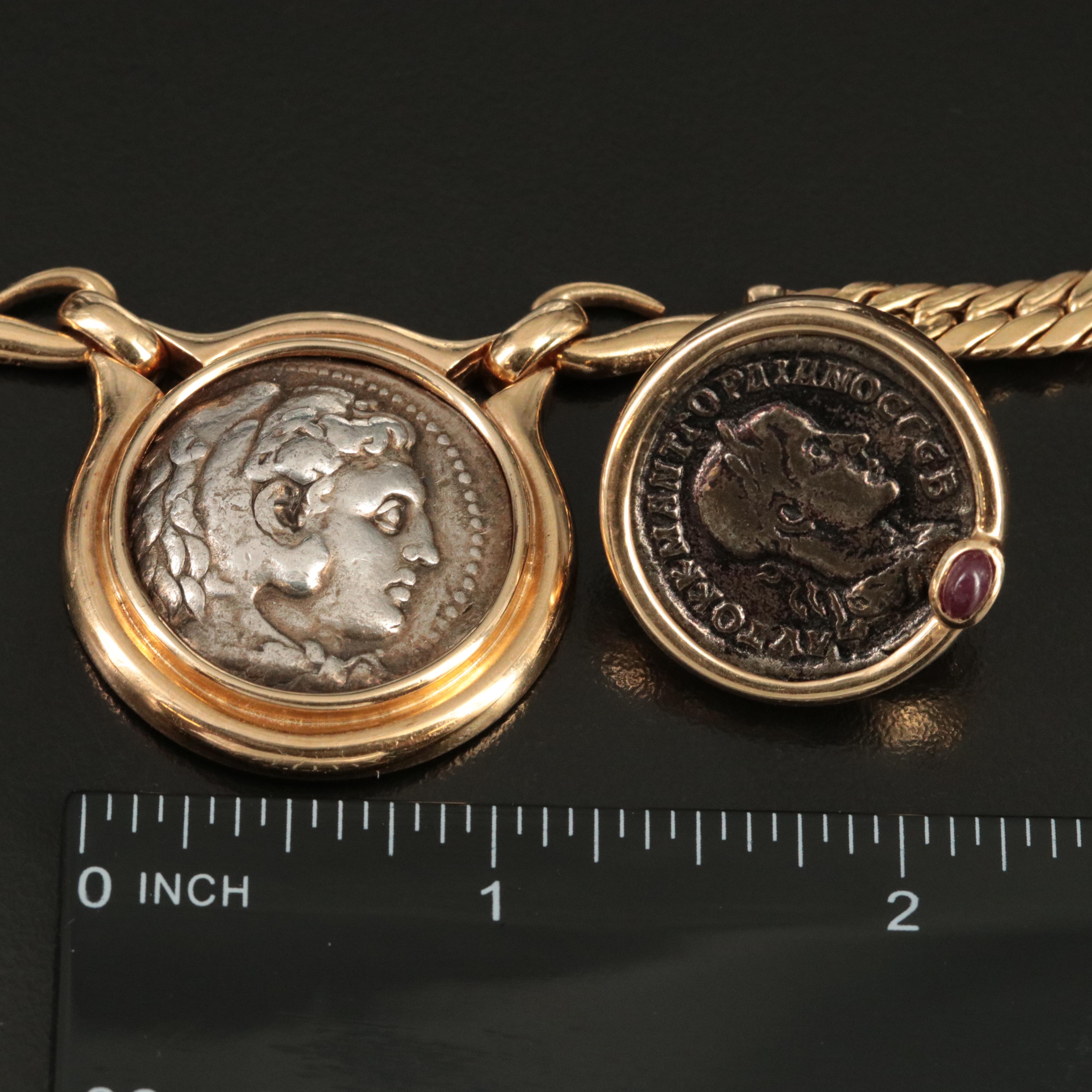 18K Necklace and 14K Ruby Earrings with Reproduction Ancient Coins