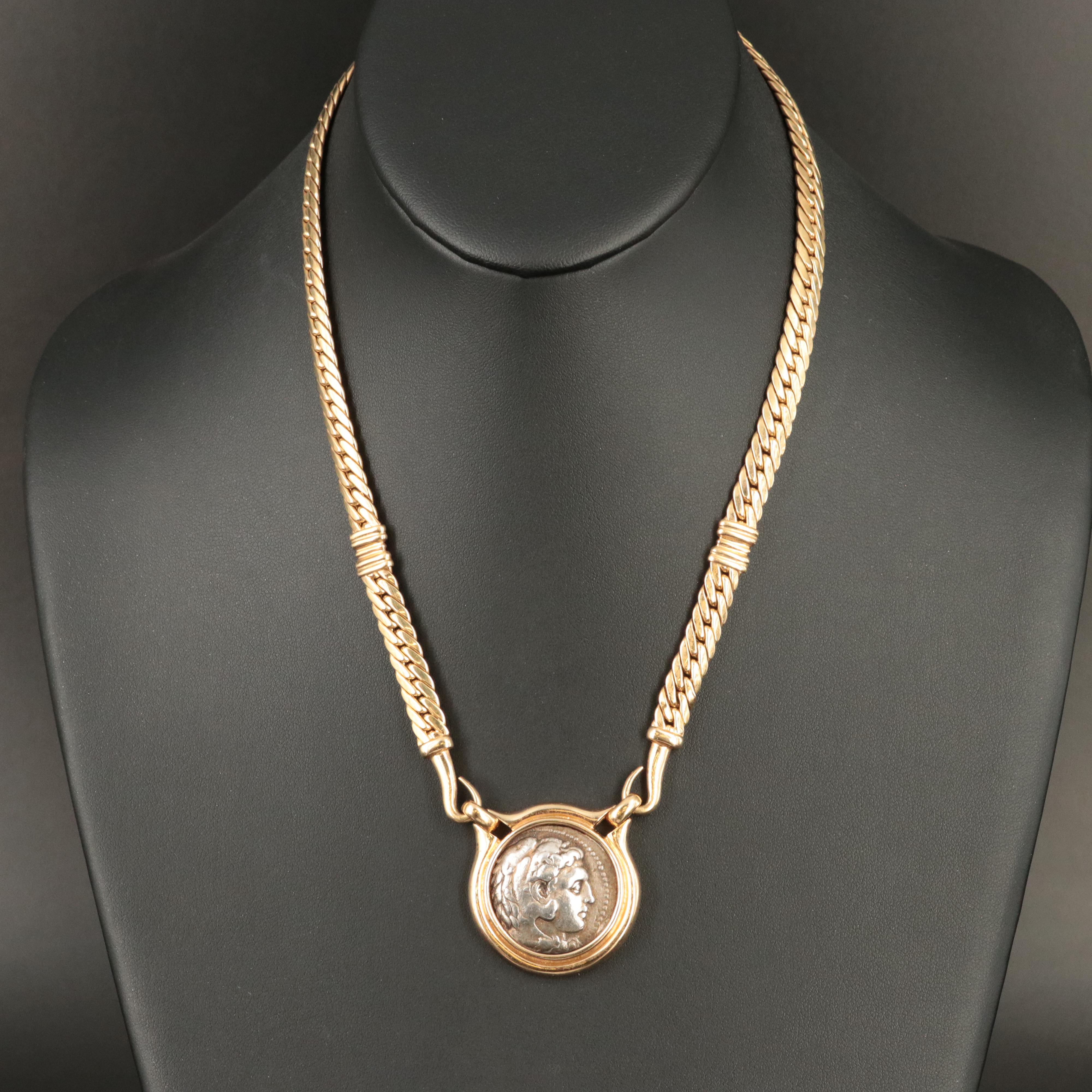 18K Necklace and 14K Ruby Earrings with Reproduction Ancient Coins