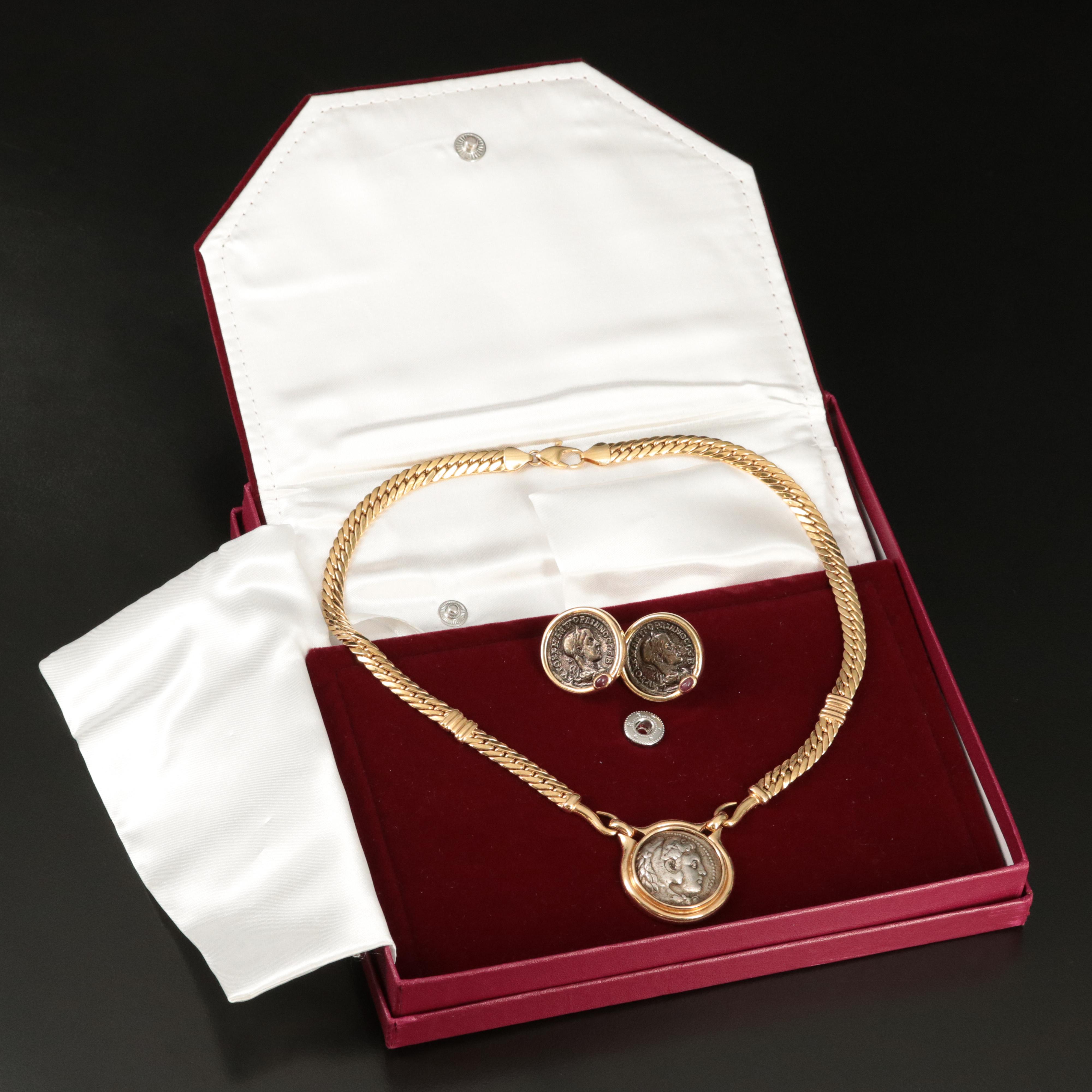 18K Necklace and 14K Ruby Earrings with Reproduction Ancient Coins