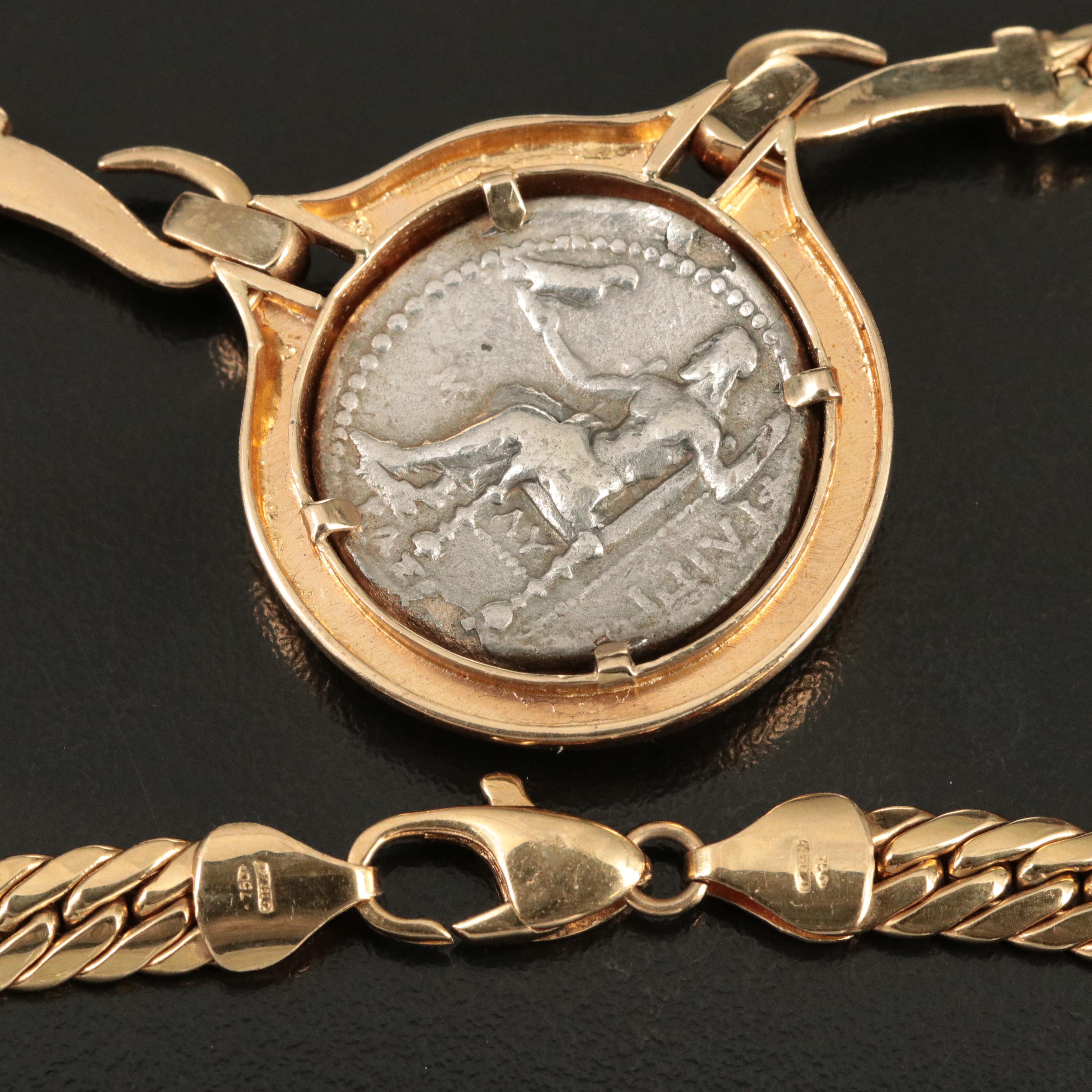 18K Necklace and 14K Ruby Earrings with Reproduction Ancient Coins