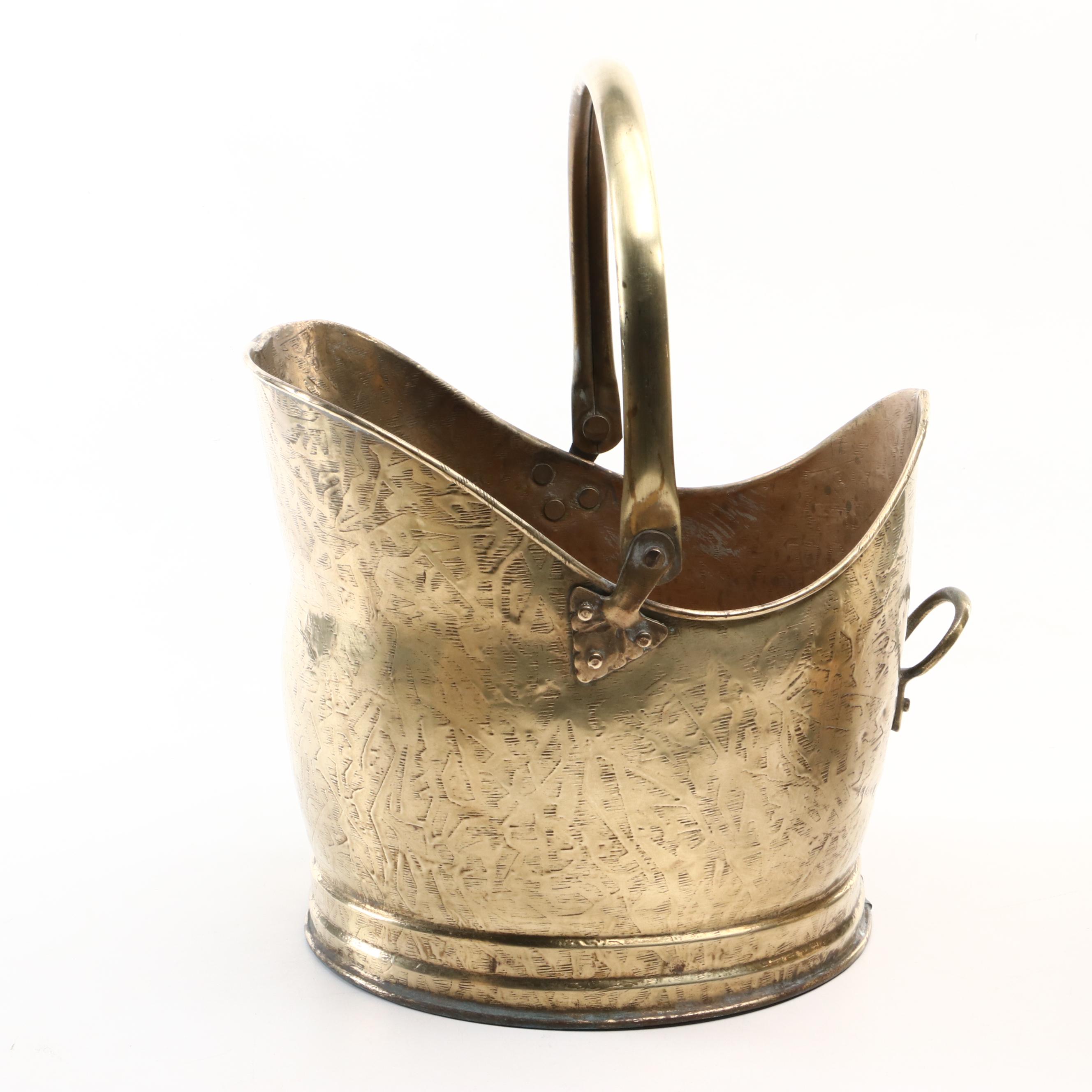 Victorian Hammered Brass Coal Bucket with Other Spittoon and Silver Metal Jug
