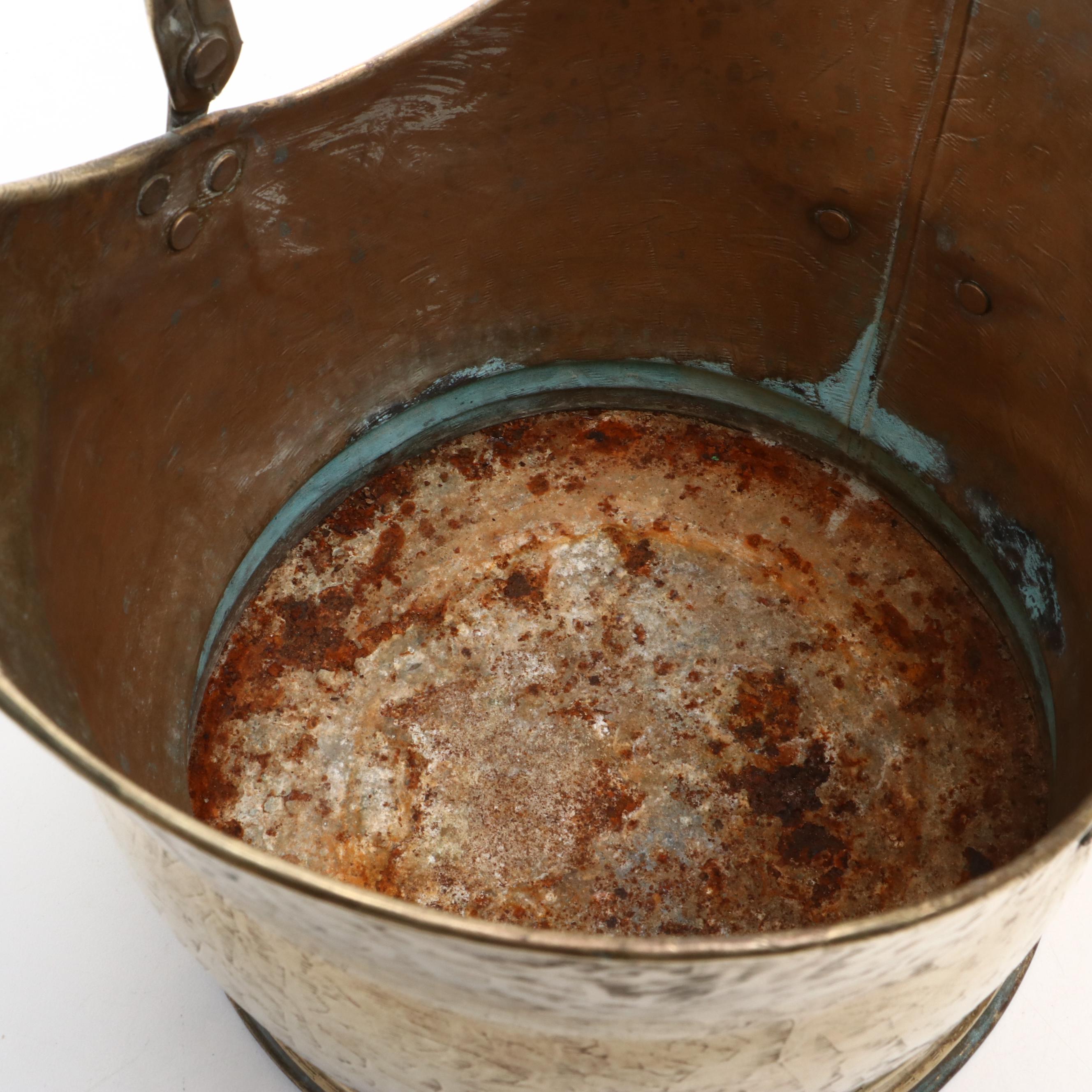 Victorian Hammered Brass Coal Bucket with Other Spittoon and Silver Metal Jug