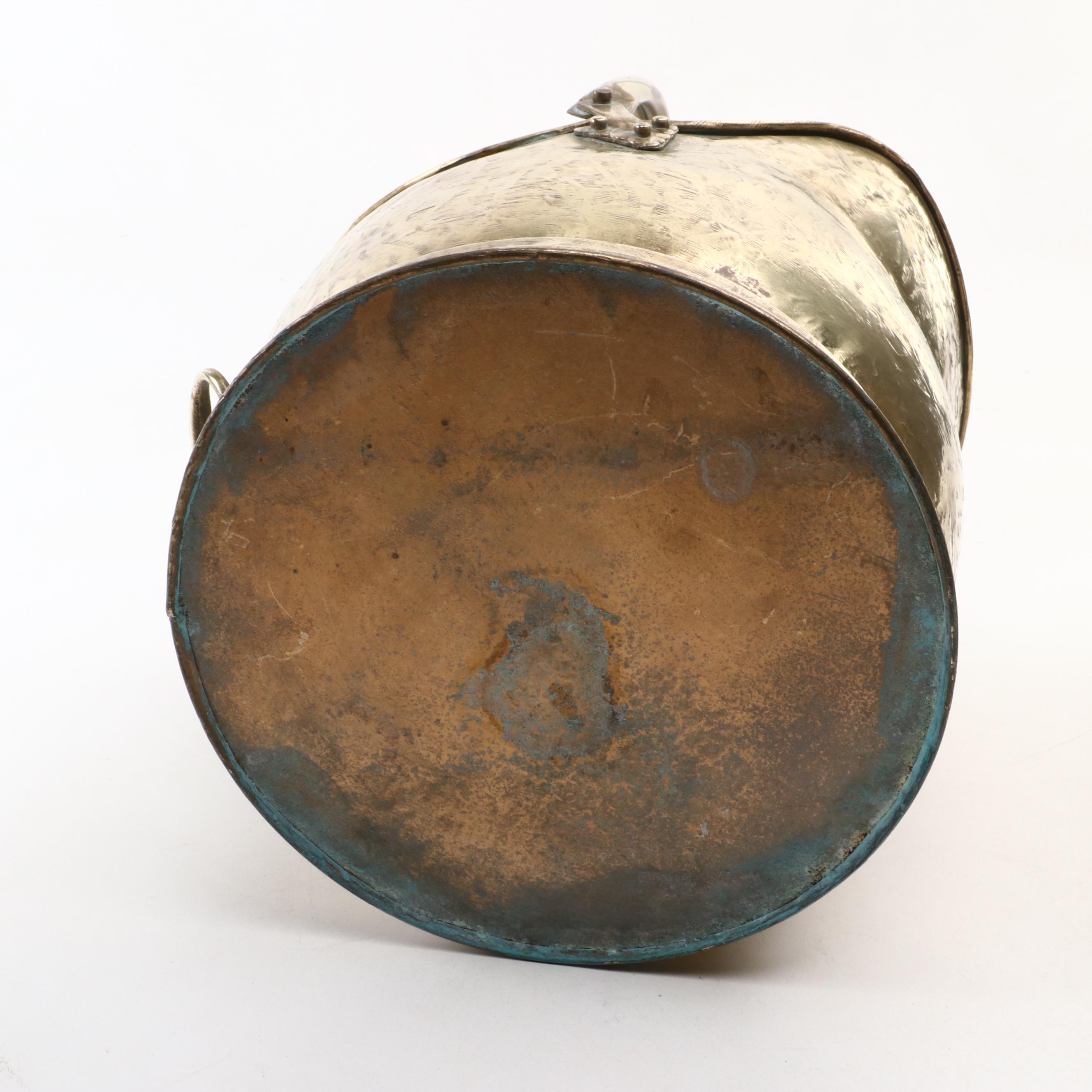 Victorian Hammered Brass Coal Bucket with Other Spittoon and Silver Metal Jug