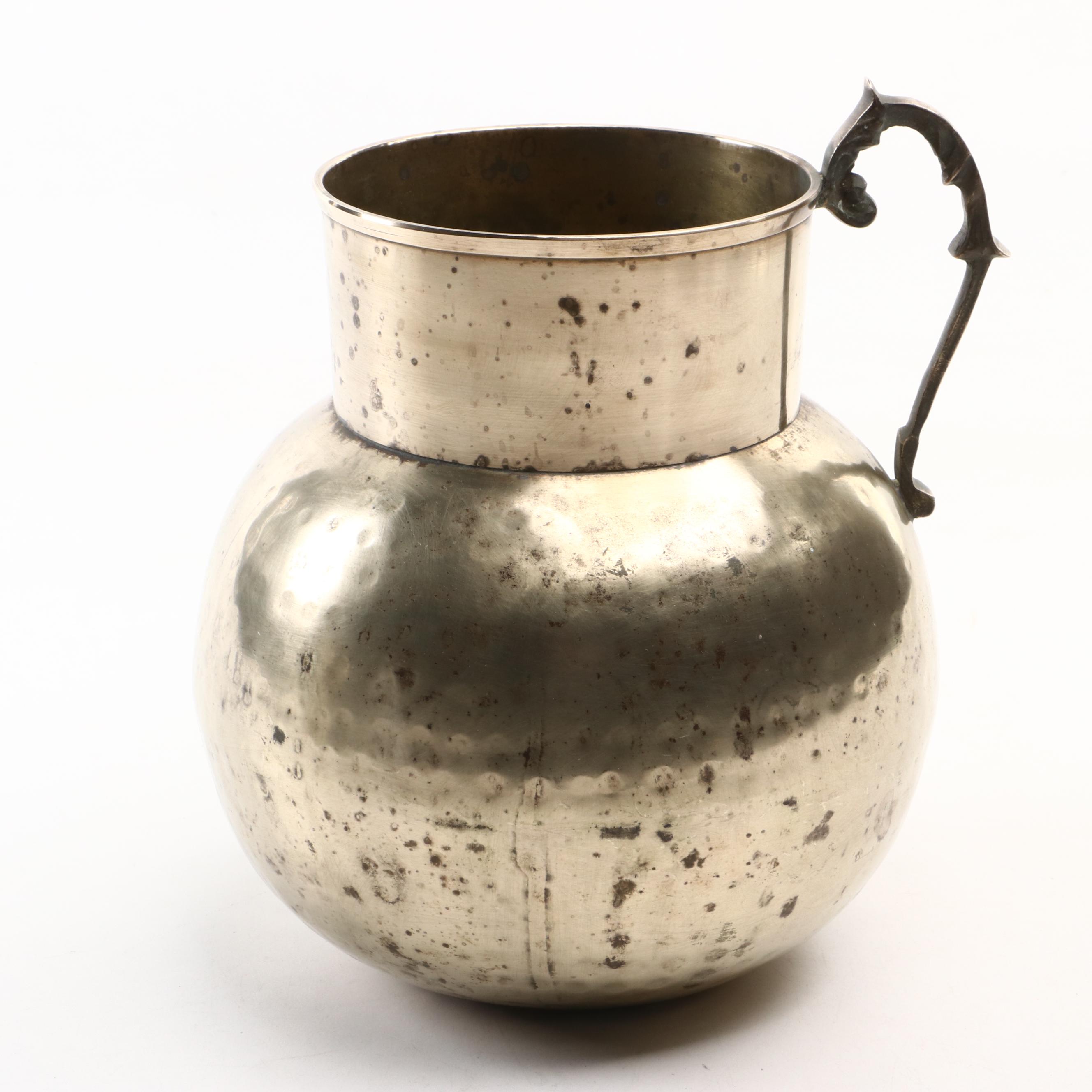 Victorian Hammered Brass Coal Bucket with Other Spittoon and Silver Metal Jug