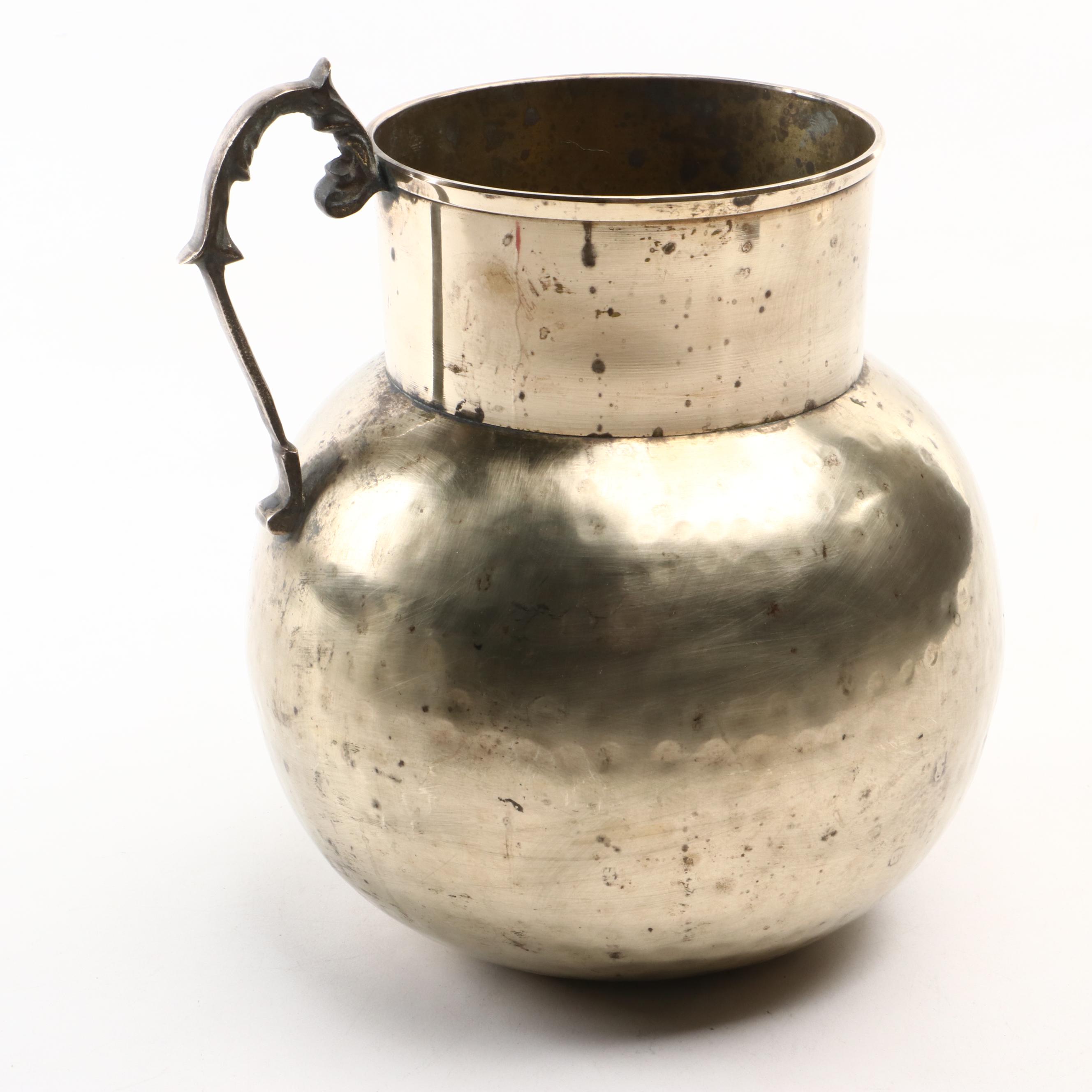 Victorian Hammered Brass Coal Bucket with Other Spittoon and Silver Metal Jug