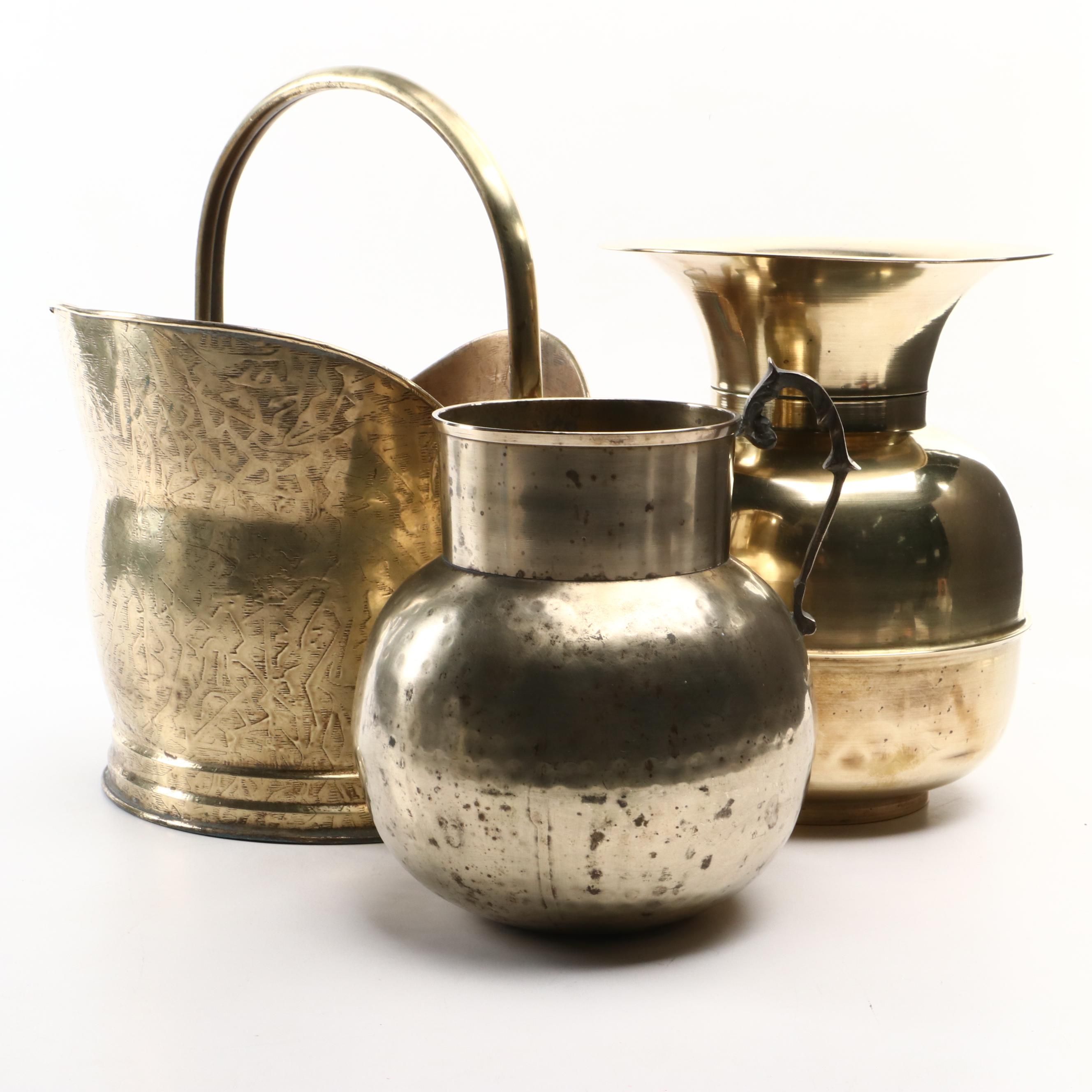 Victorian Hammered Brass Coal Bucket with Other Spittoon and Silver Metal Jug