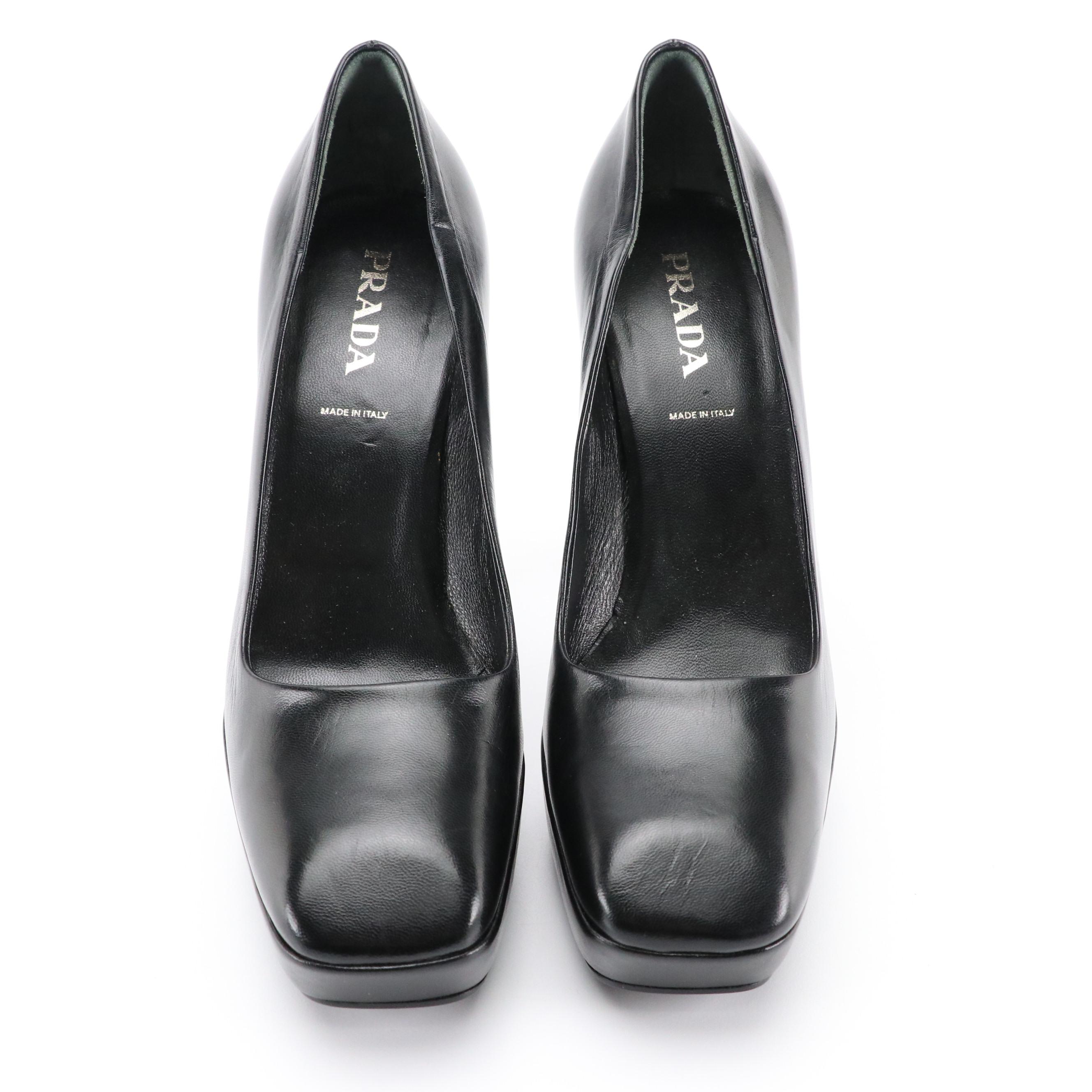 Prada Black Leather Square-Toe Block Heel Pumps, 1990s