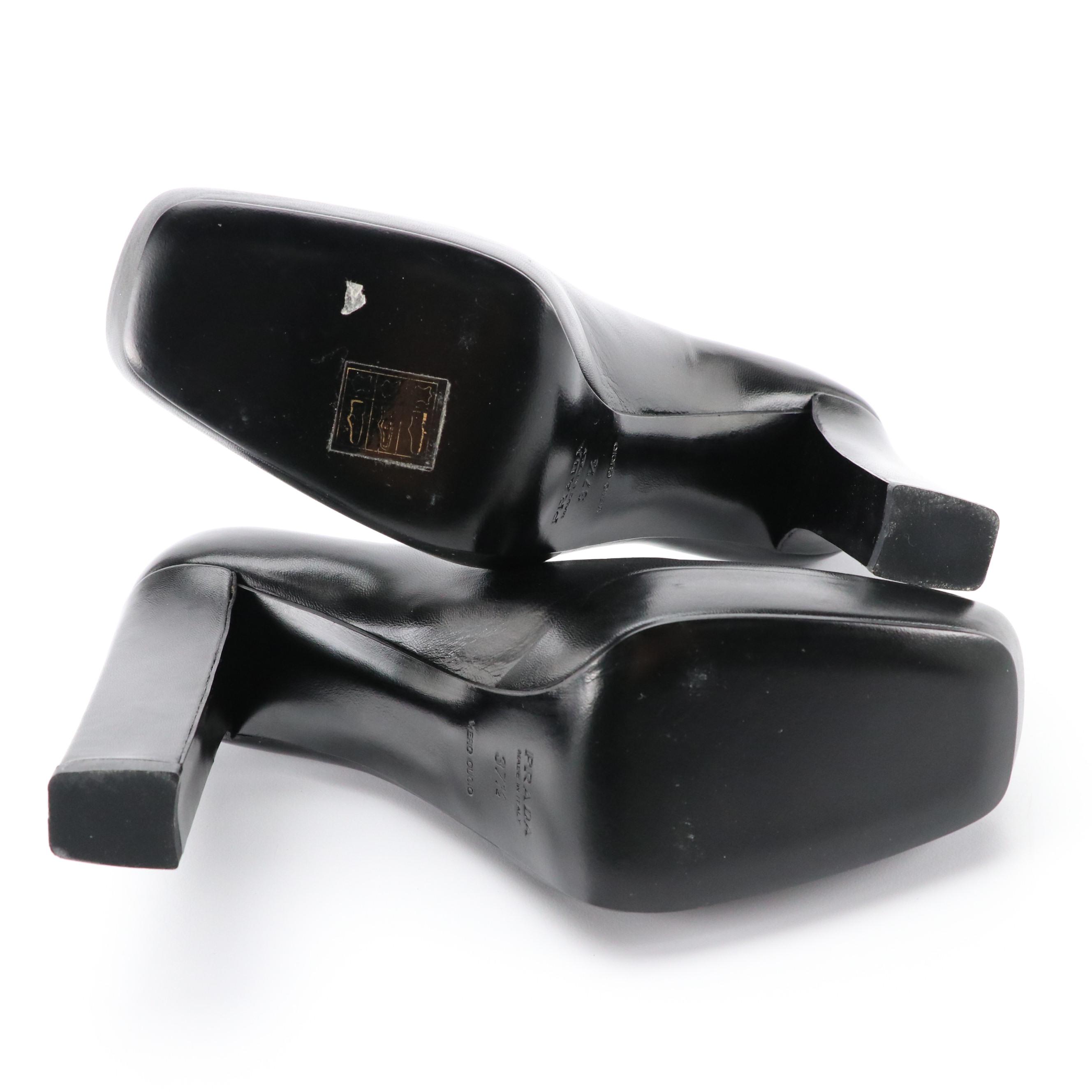 Prada Black Leather Square-Toe Block Heel Pumps, 1990s