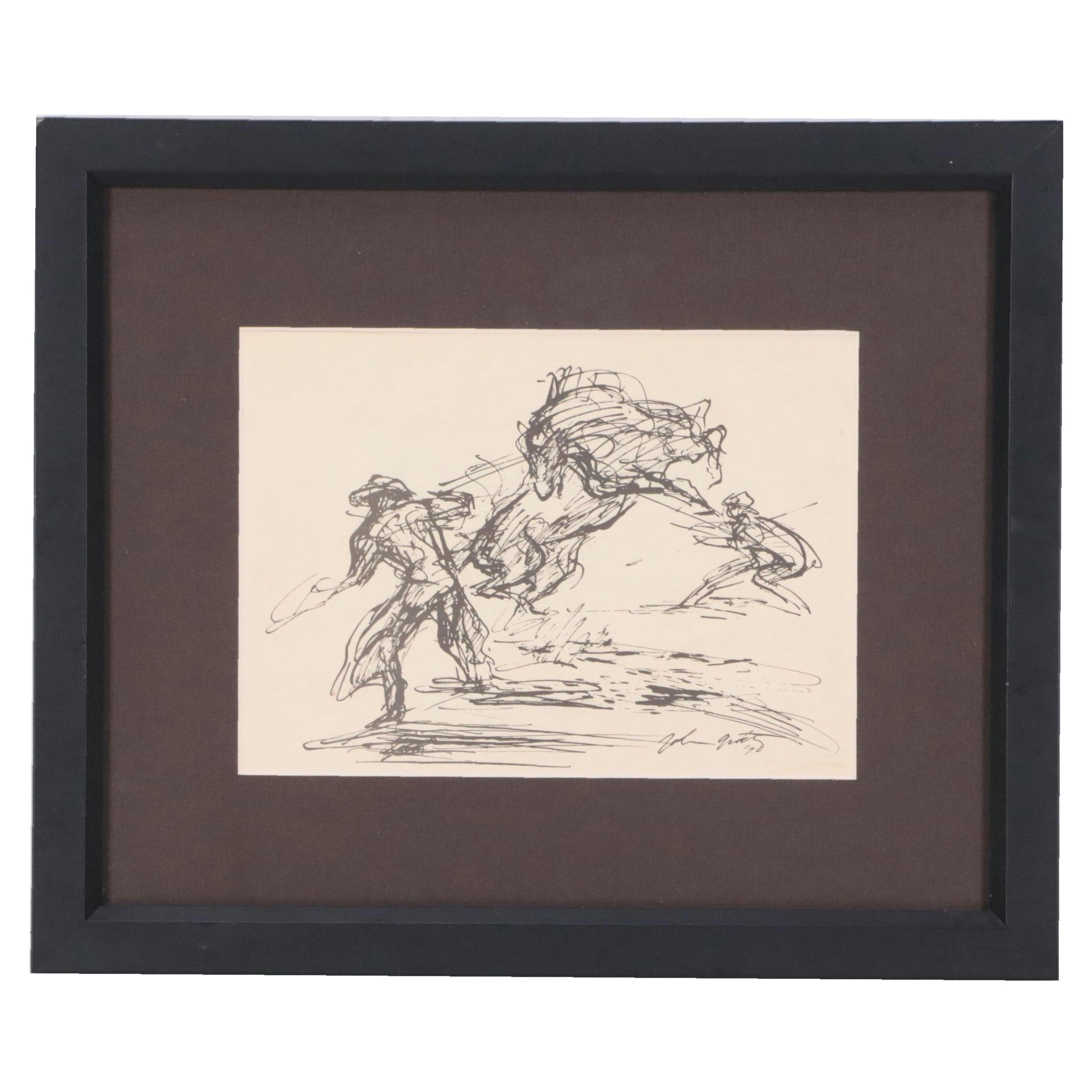 John Grath Lithograph of Cowboy Genre Scene, Circa 1970