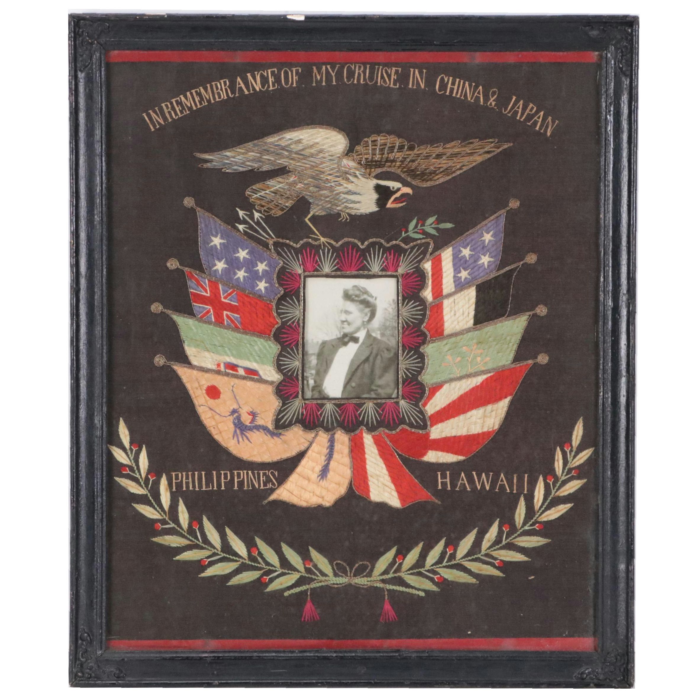 U. S. Naval Tour Embroidered Silk Souvenir Textile, Early 20th Century