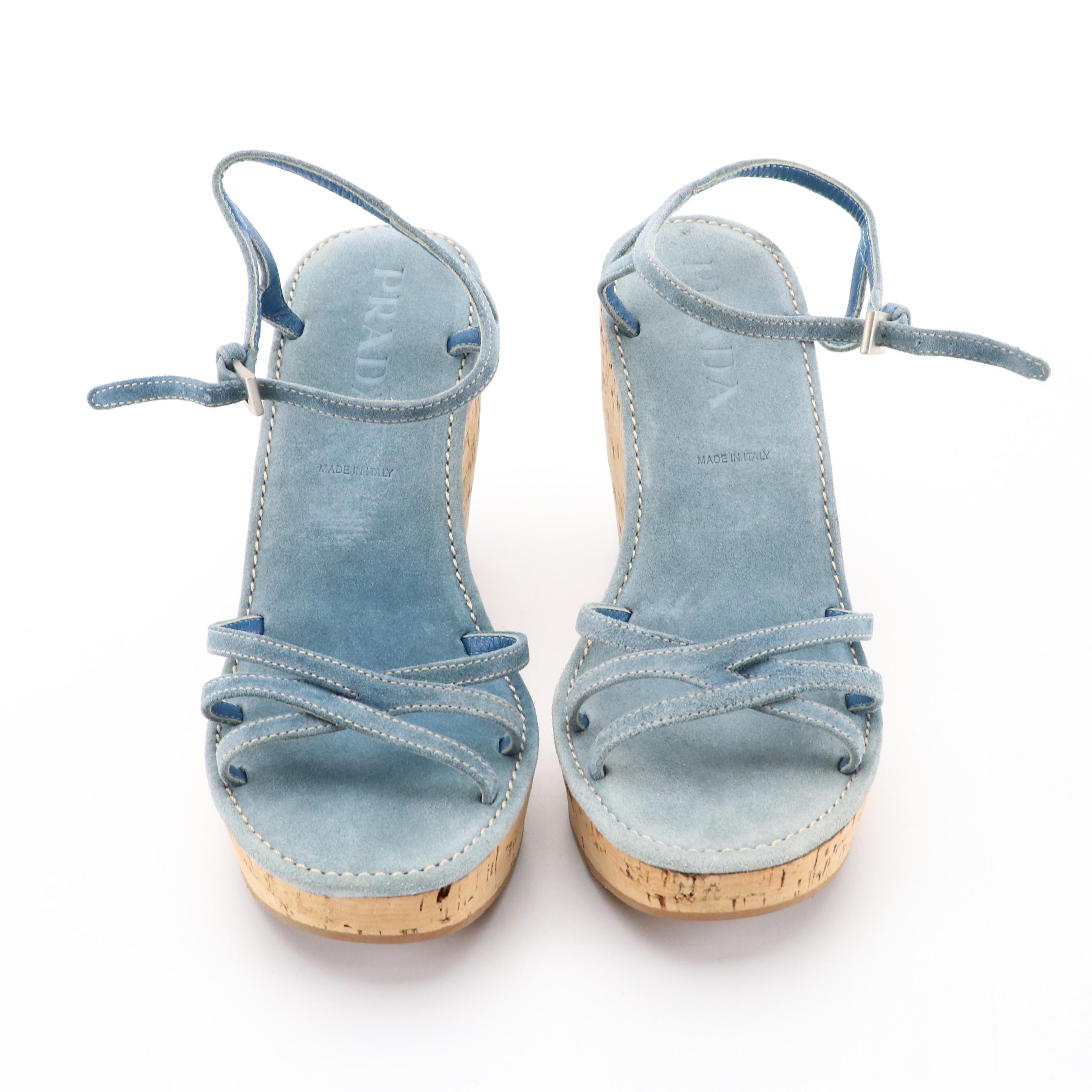 Prada Sky Blue Suede Criss-Cross Ankle Strap Wedges