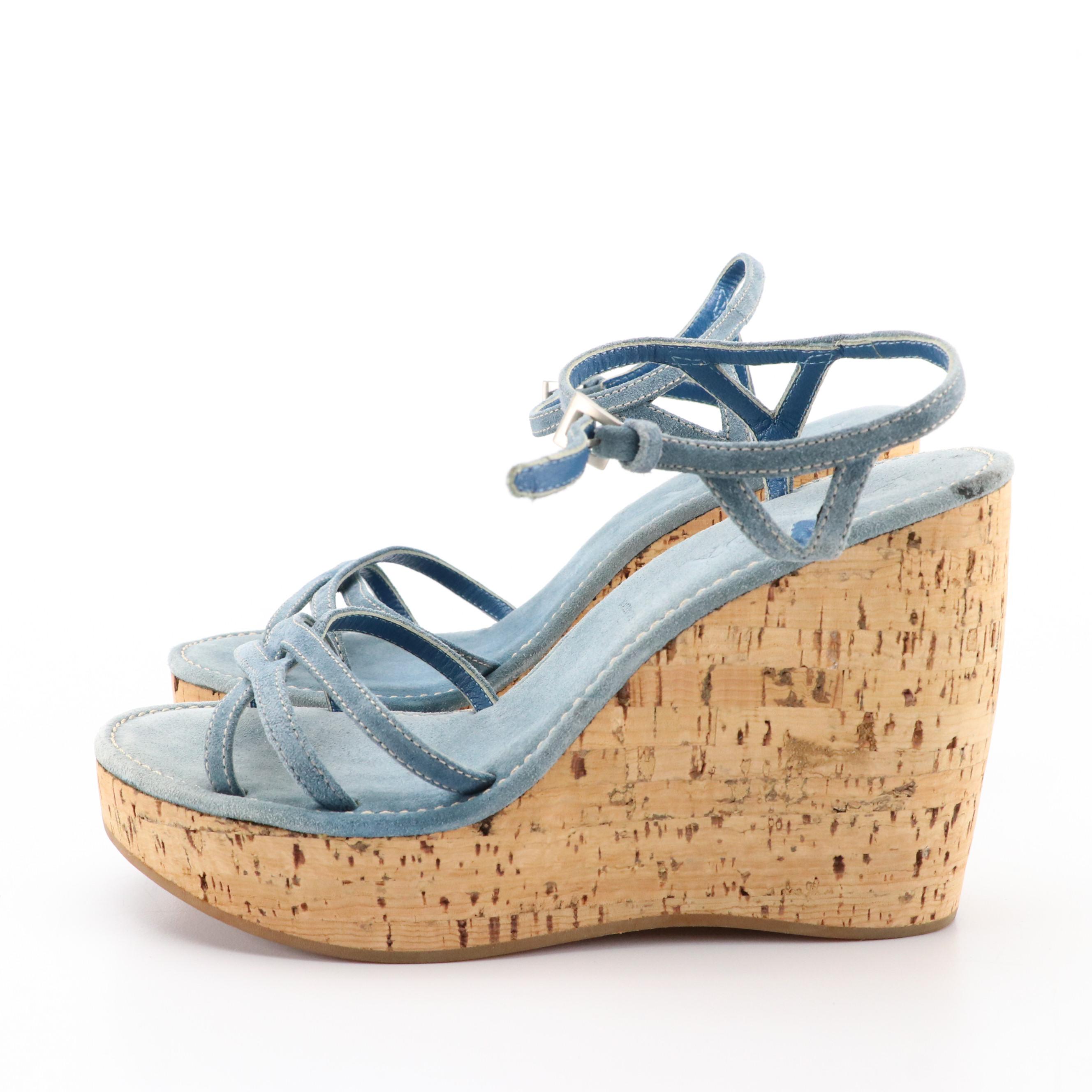 Prada Sky Blue Suede Criss-Cross Ankle Strap Wedges