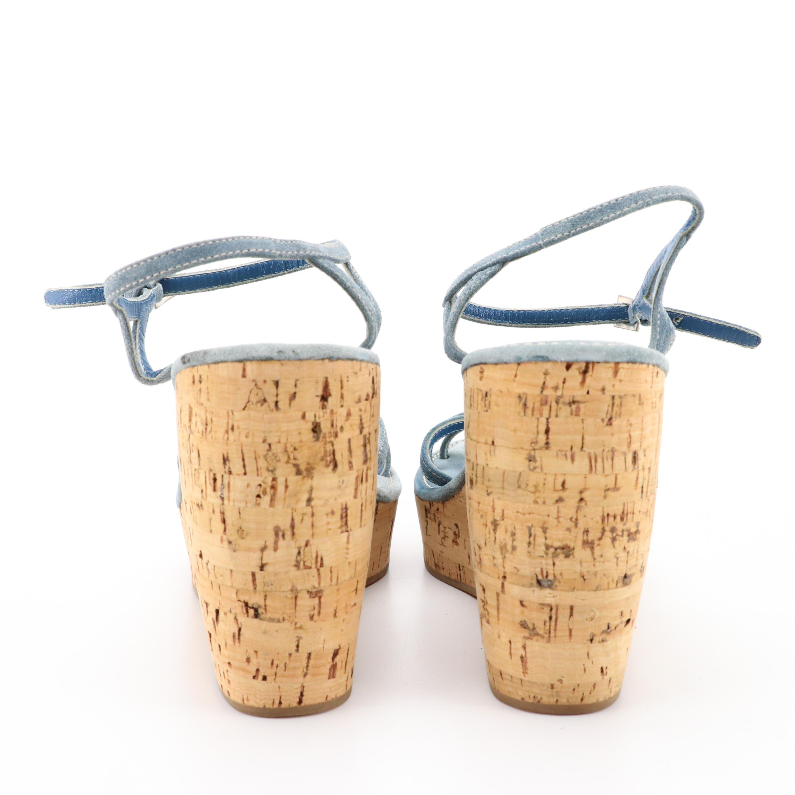 Prada Sky Blue Suede Criss-Cross Ankle Strap Wedges