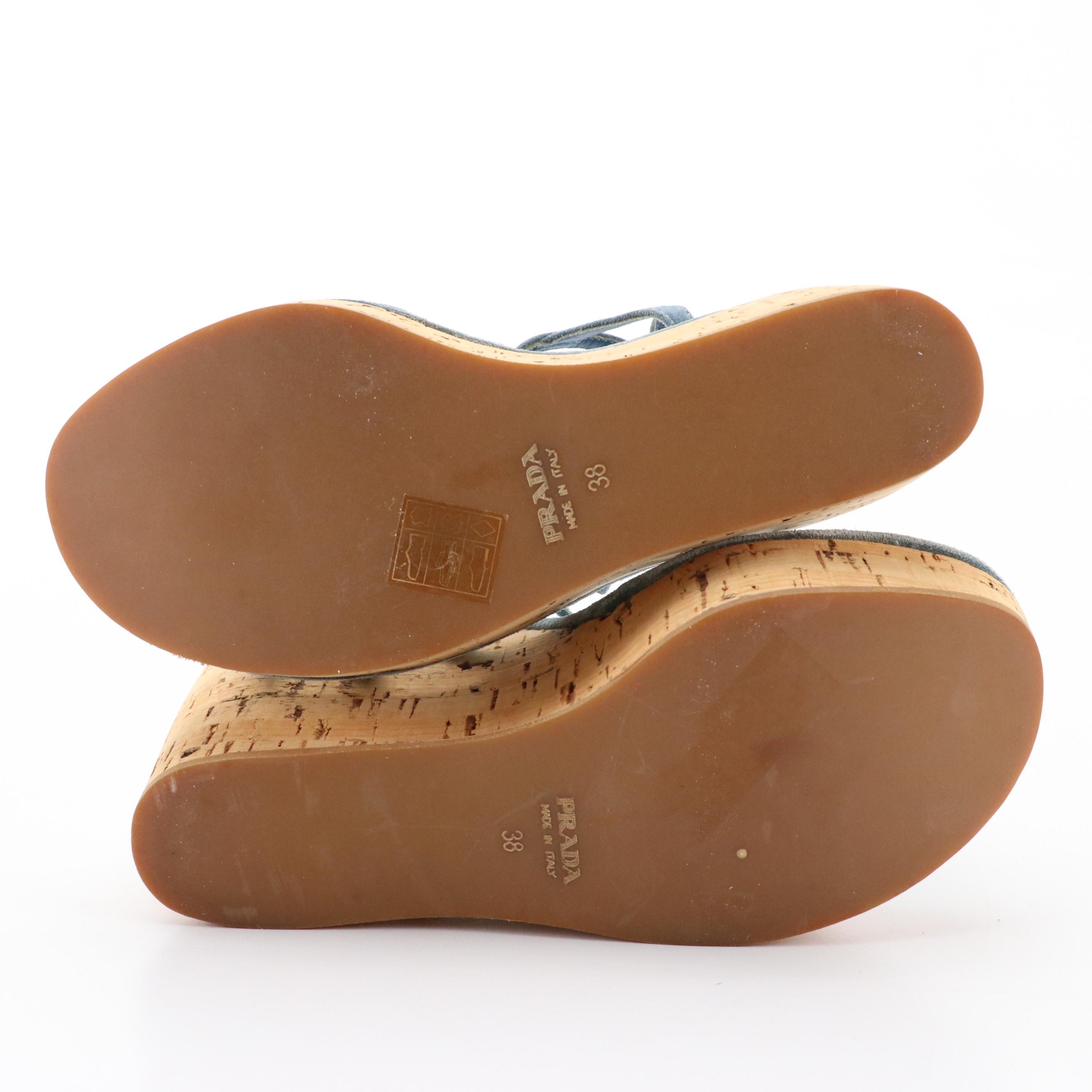 Prada Sky Blue Suede Criss-Cross Ankle Strap Wedges