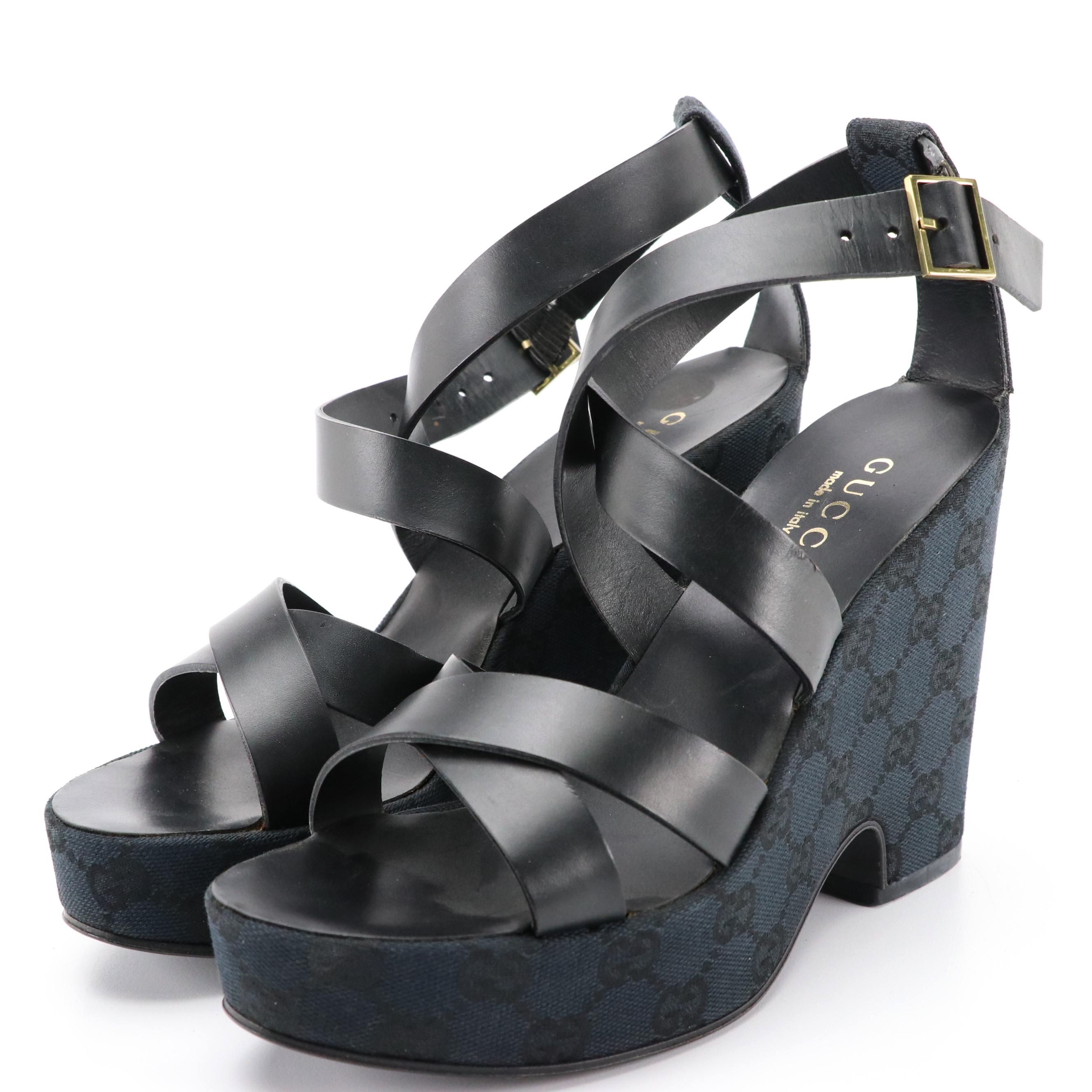 Gucci GG Canvas and Leather Platform Ankle Strap Crossover Wedges