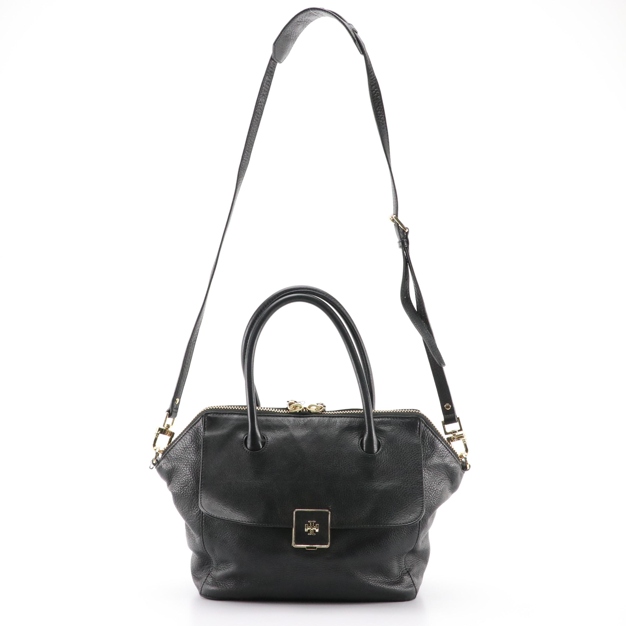Tory Burch Two-Way Satchel in Pebbled Black Leather