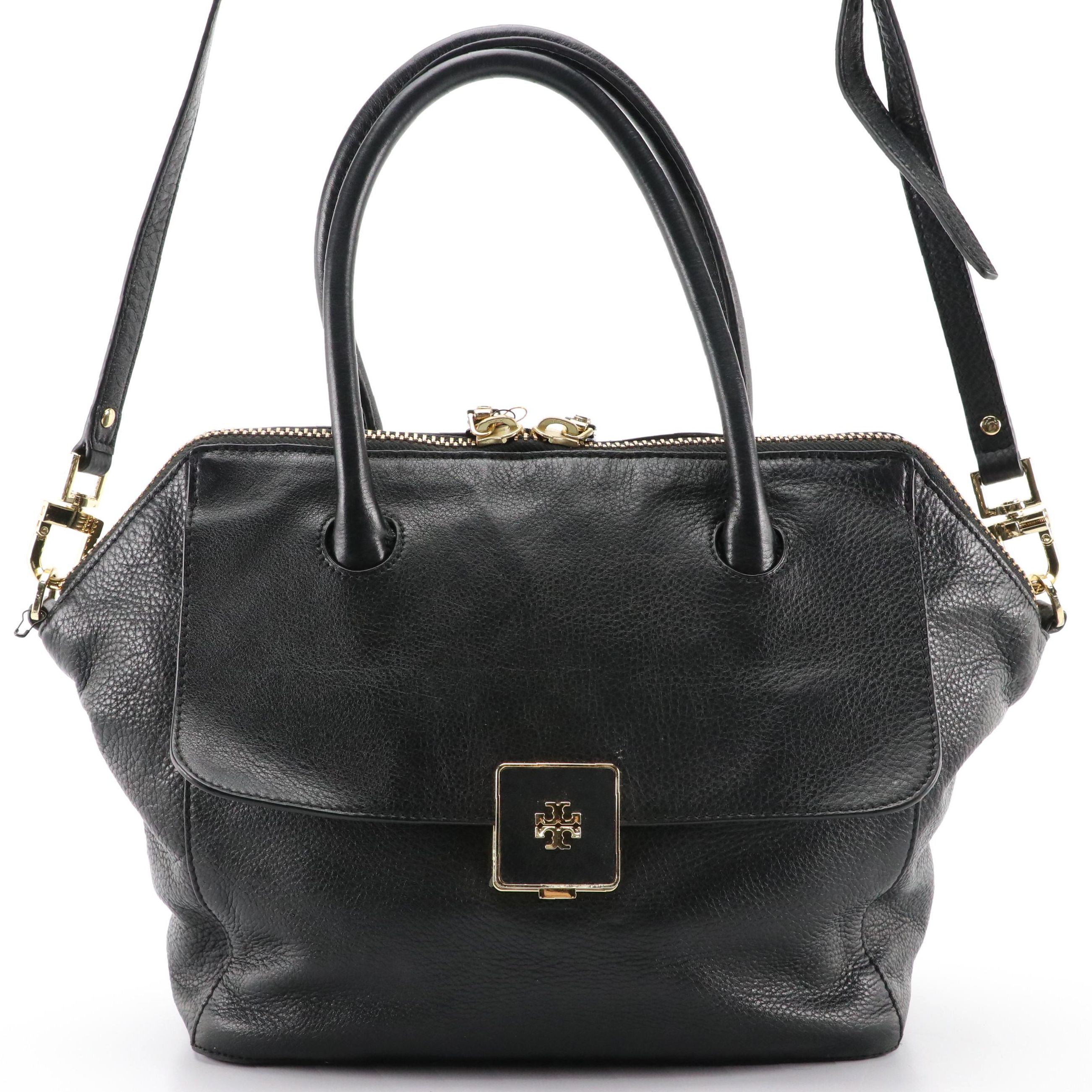 Tory Burch Two-Way Satchel in Pebbled Black Leather